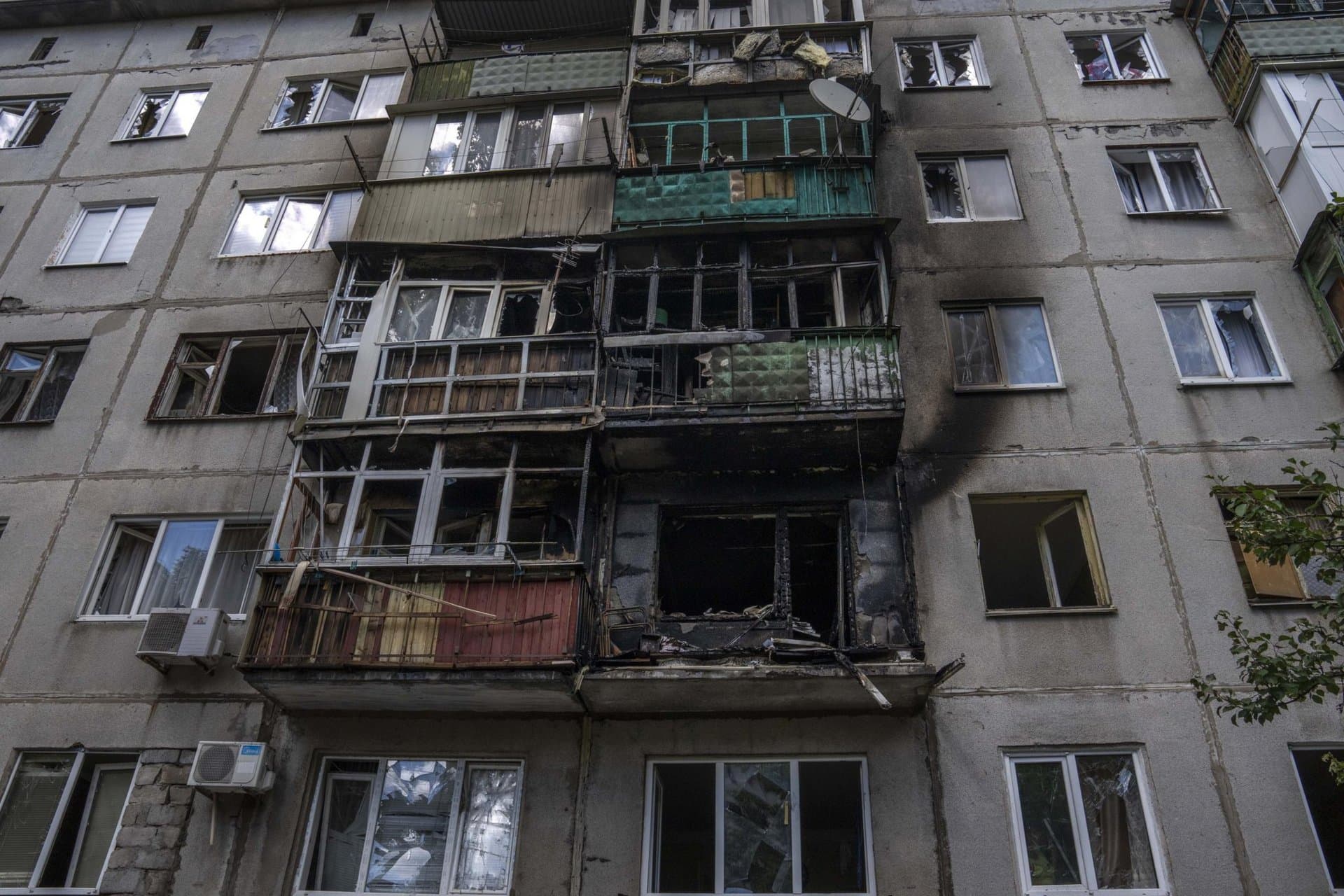 A five-story residential building damaged from a rocket attack on a residential area, in Kramatorsk