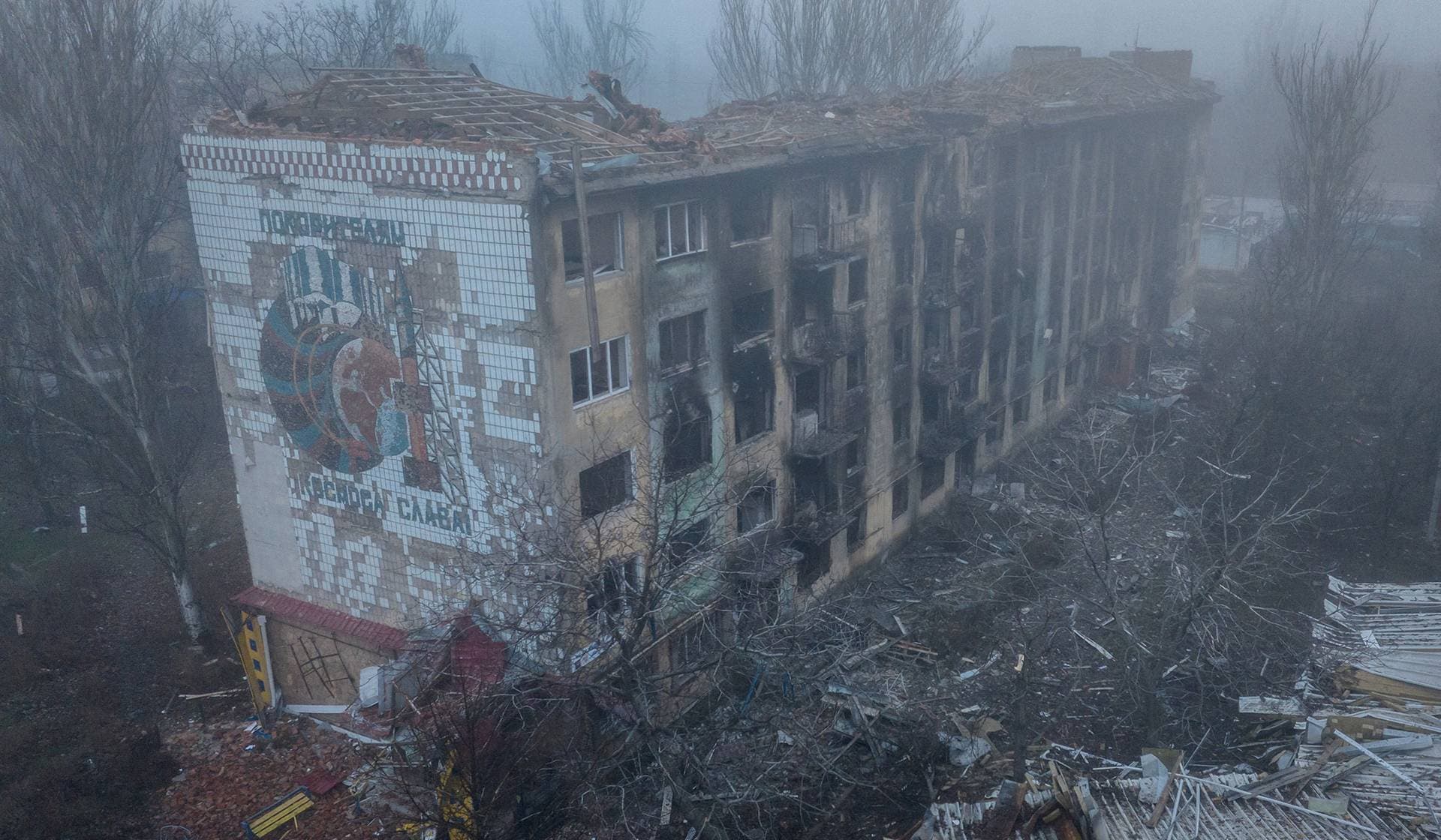 Drone view of apartment buildings damaged by Russian military strike in the frontline town of Kostiantynivka