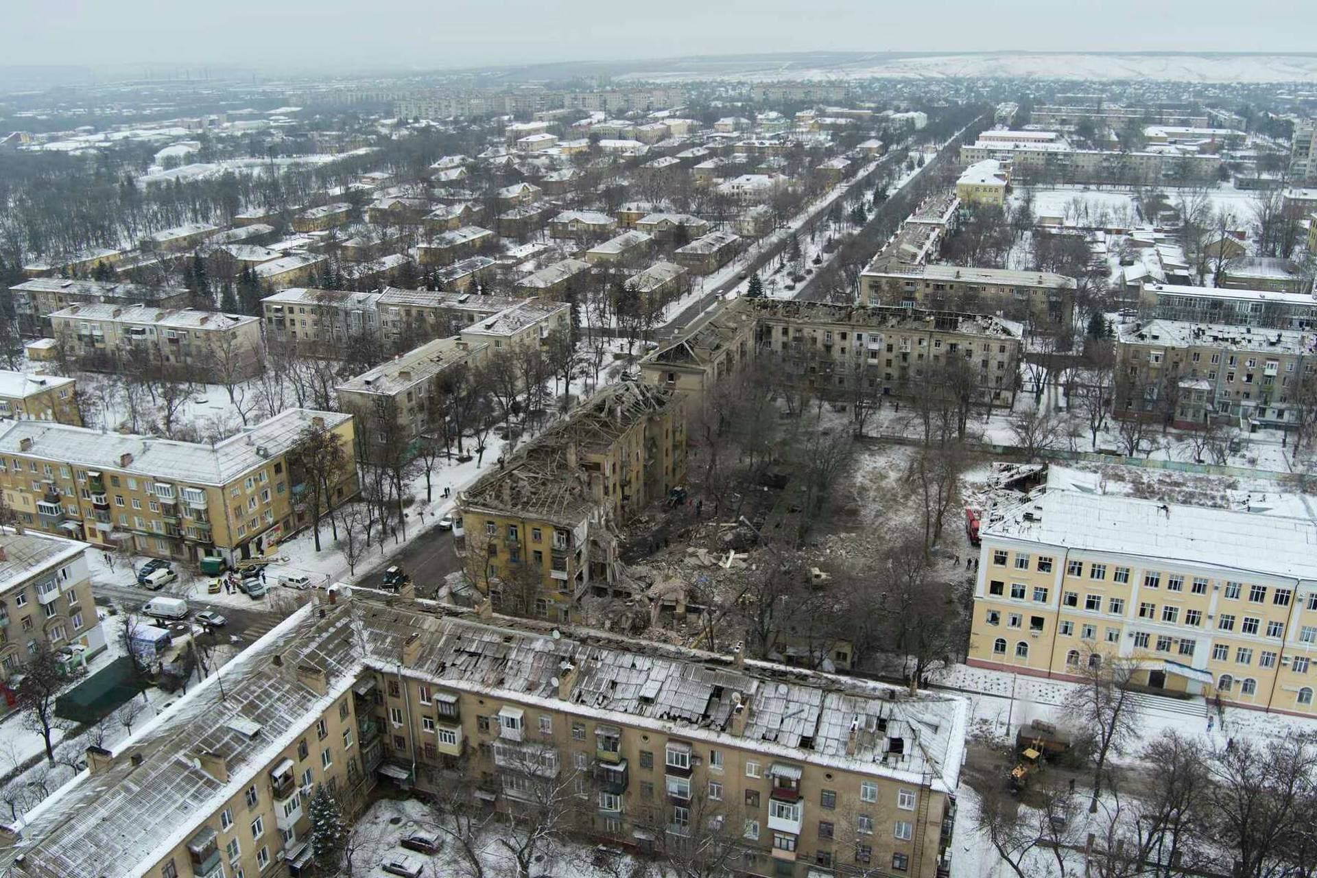 An aerial view of an apartment building hit by a Russian rocket in Kramatorsk