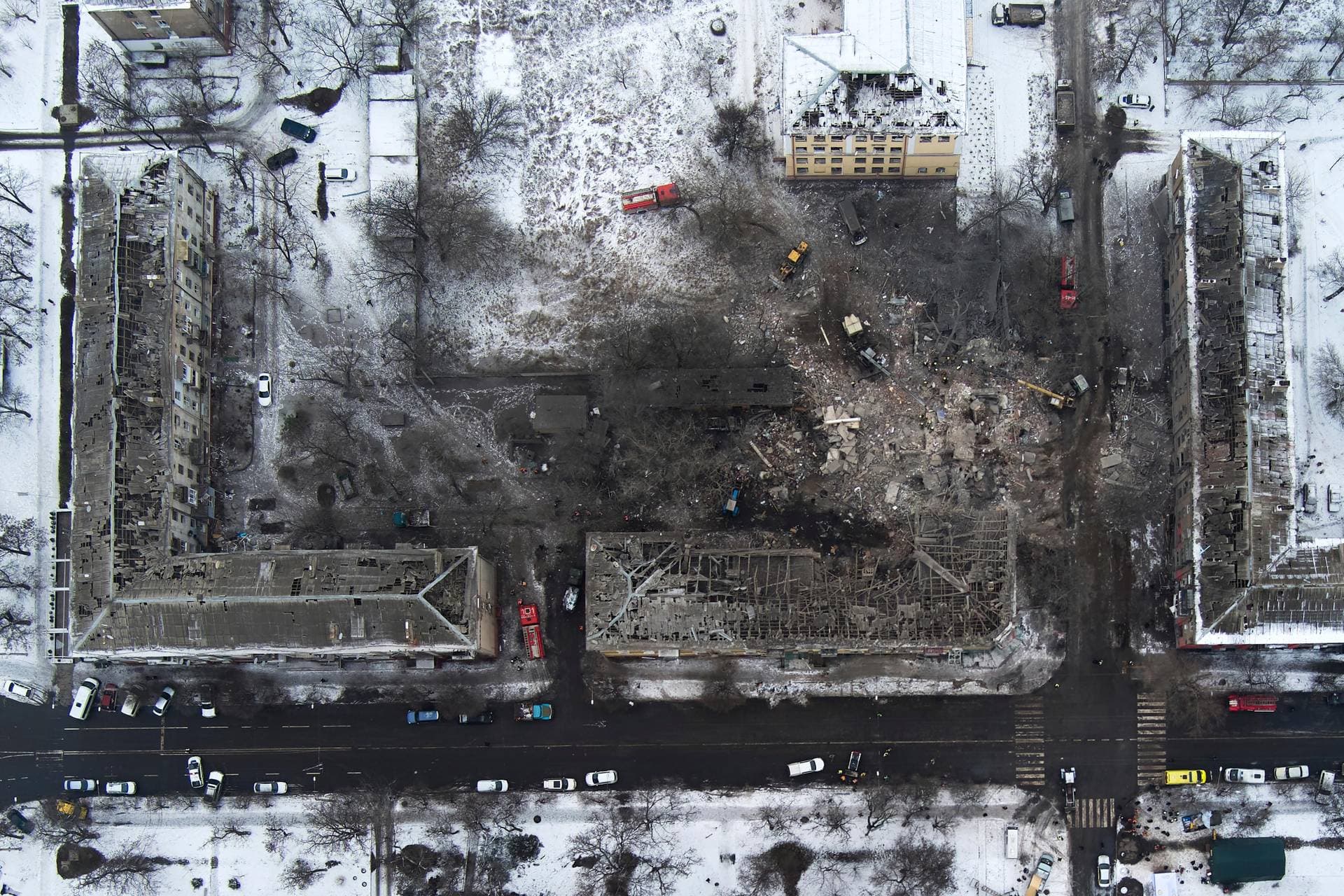 An aerial view of apartment buildings hit by Russian rockets in Kramatorsk