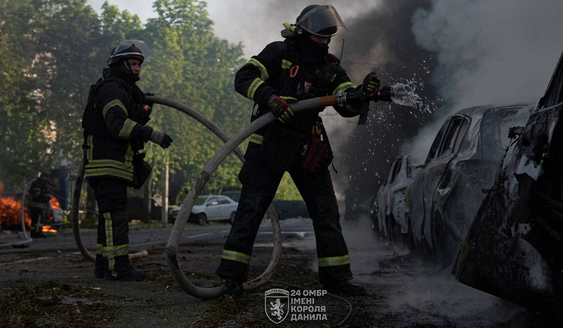 Firefighters work at a site of a Russian air strike in the frontline city of Kramatorsk