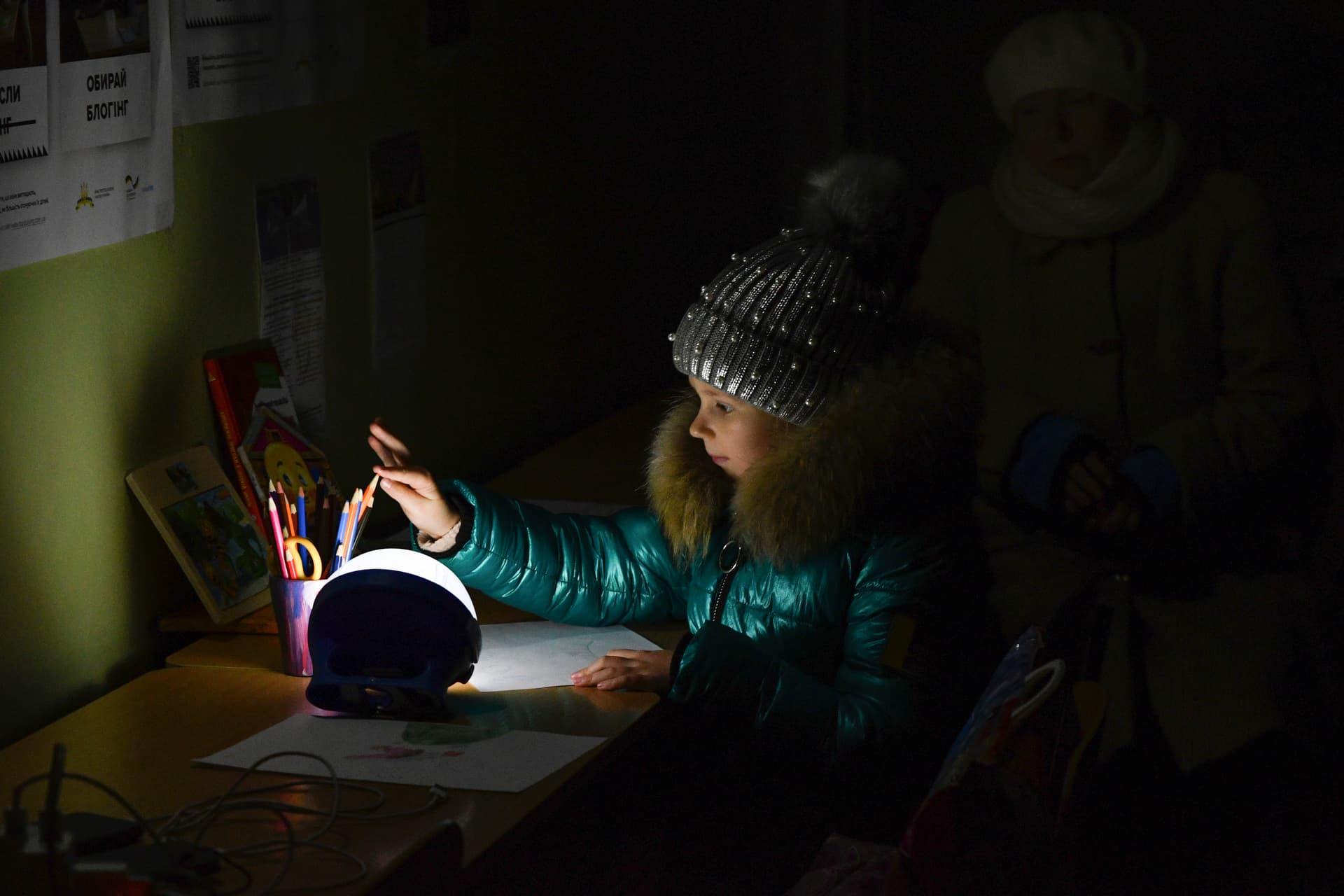 Children draws at a school building, a Point of Invincibility in Kramatorsk