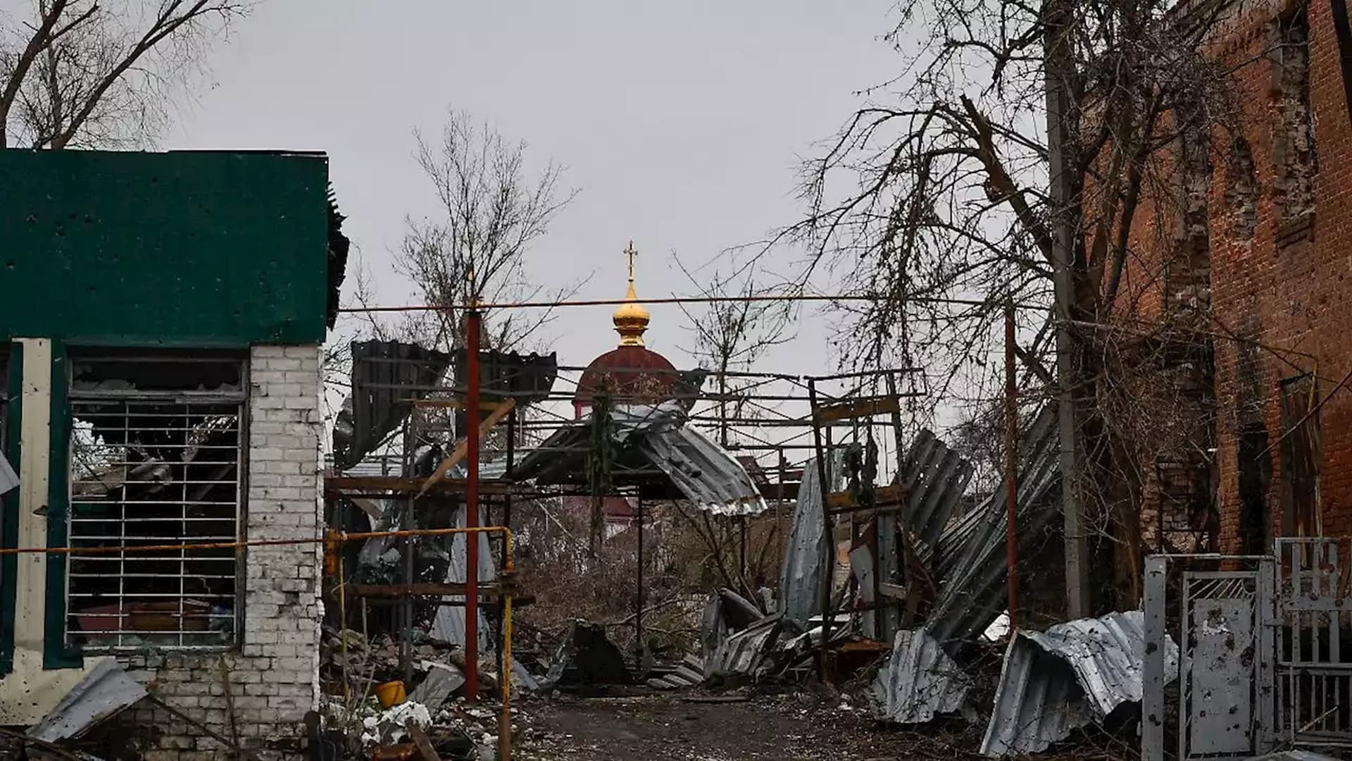 An Orthodox Church is seen amid destruction after shelling in the village of Drobysheve