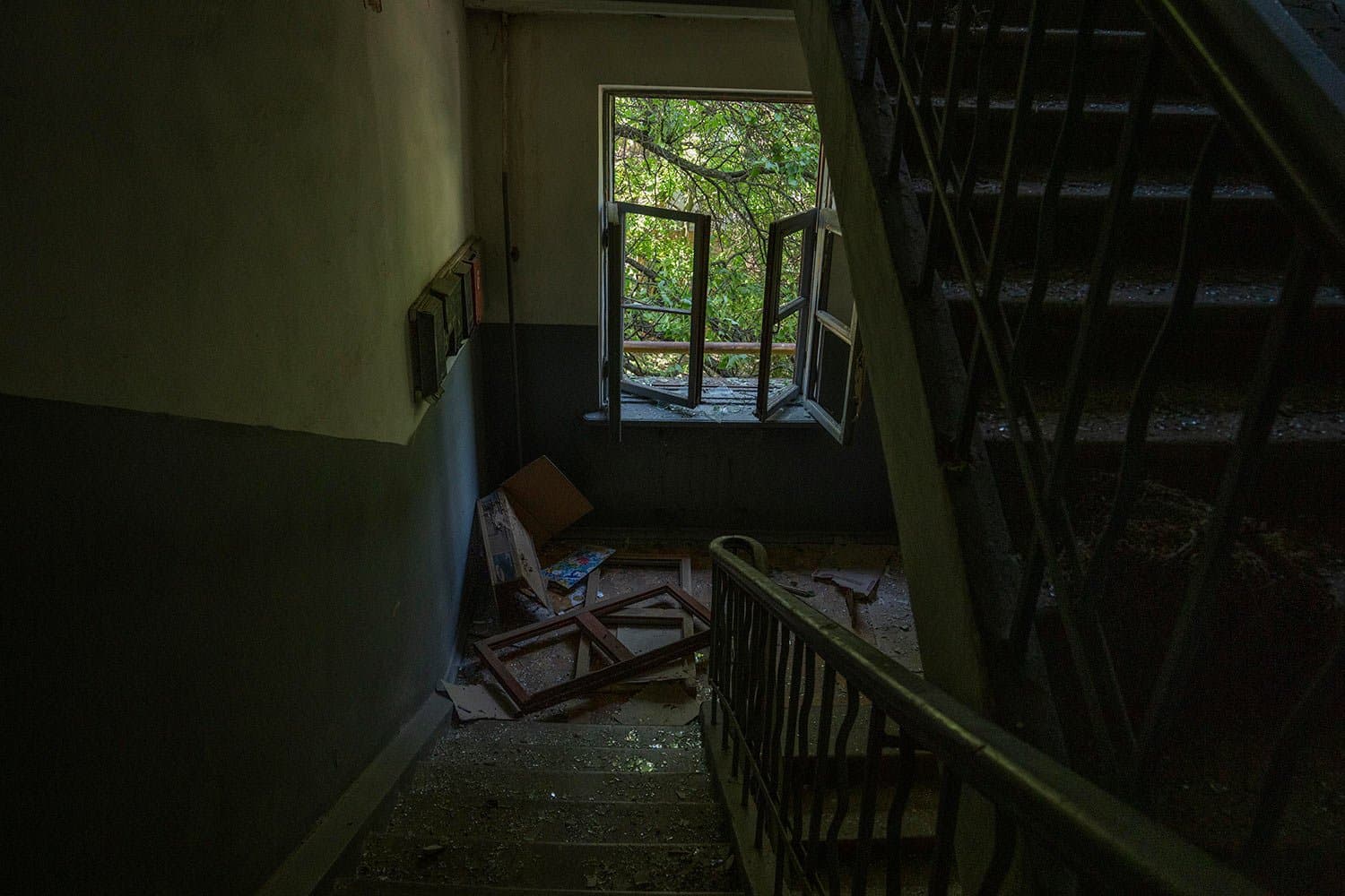 Damages inside an apartment building after a missile strike hit a residential area, in Kramatorsk