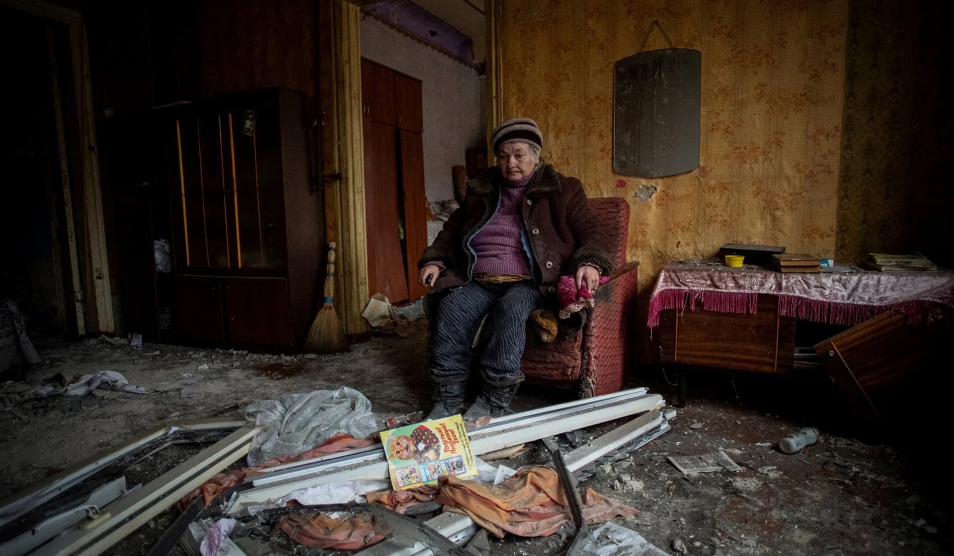 A local resident Natalia is seen inside her house that was destroyed by a Russian military strike in Kramatorsk