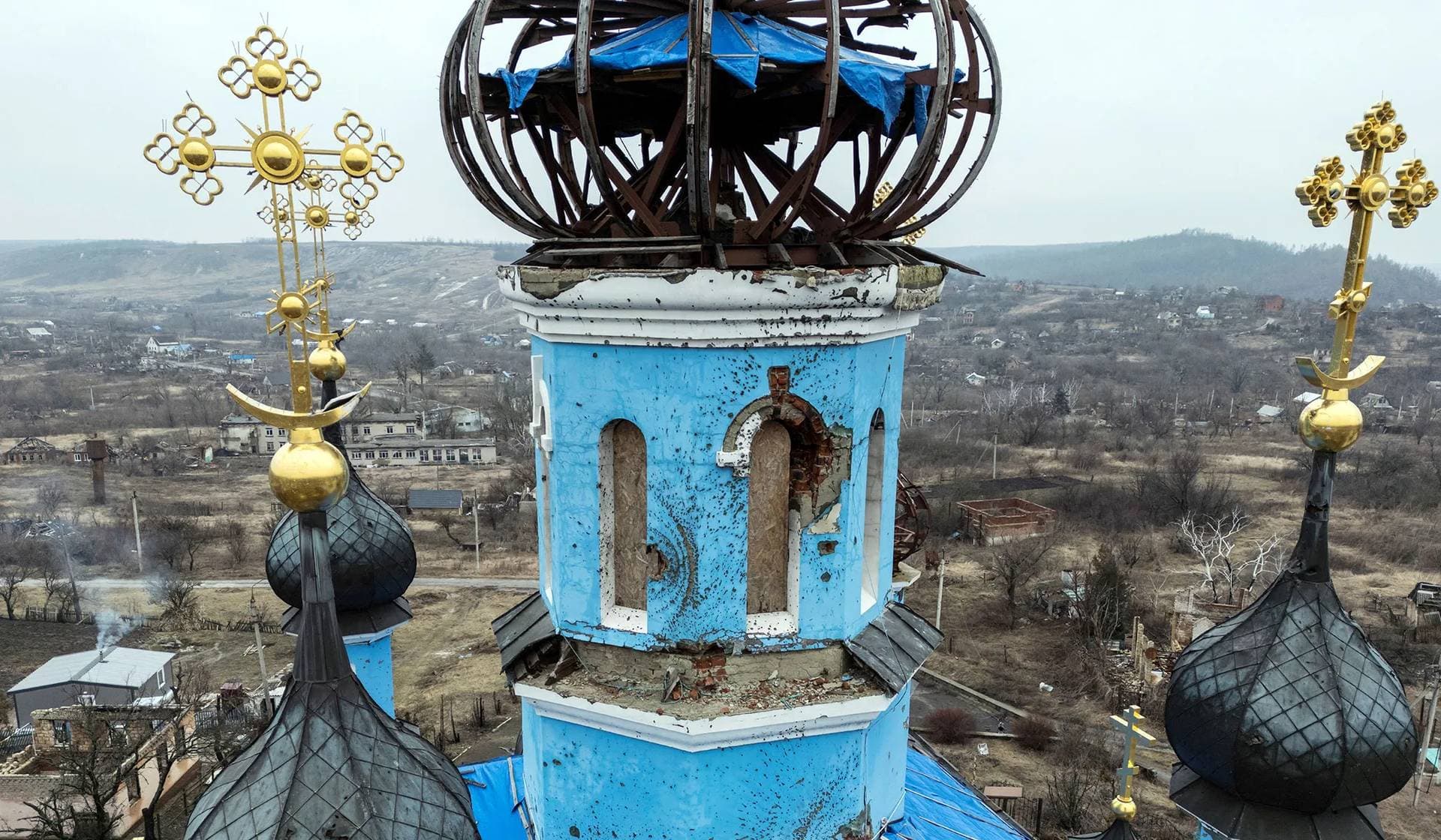 A church heavily damaged during a Russian attack in the village of Bohorodychne