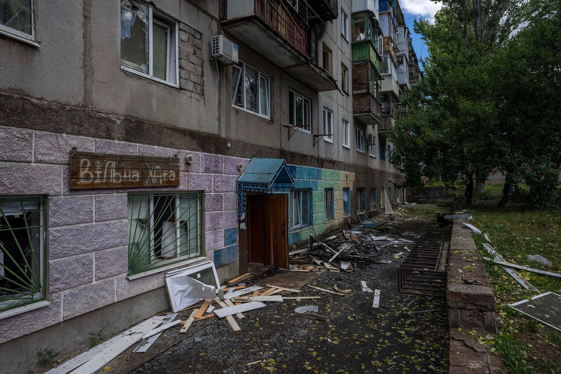 A five-story residential building damaged from a rocket attack on a residential area, in Kramatorsk