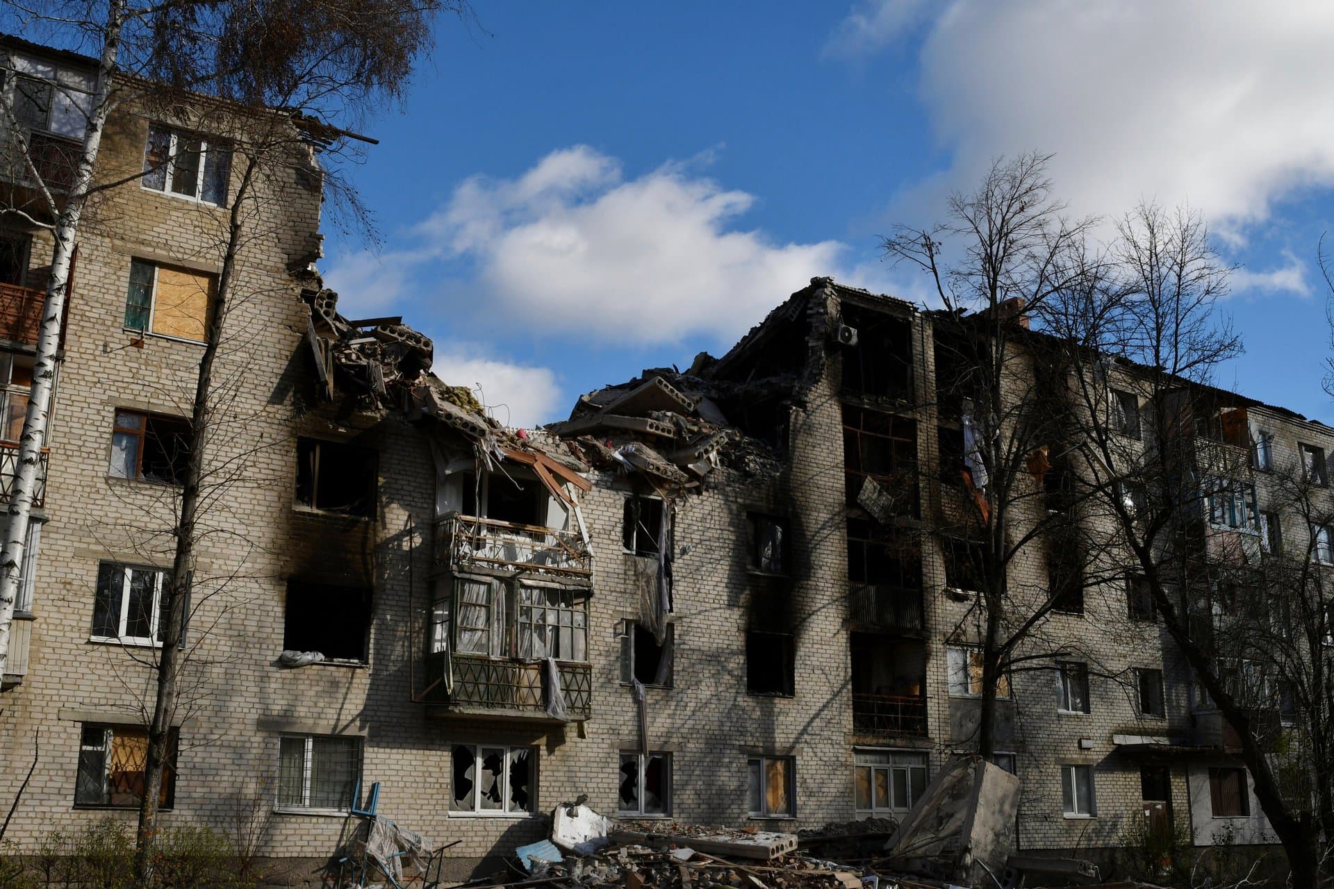An apartment building damaged by shelling is seen in Sviatohirsk