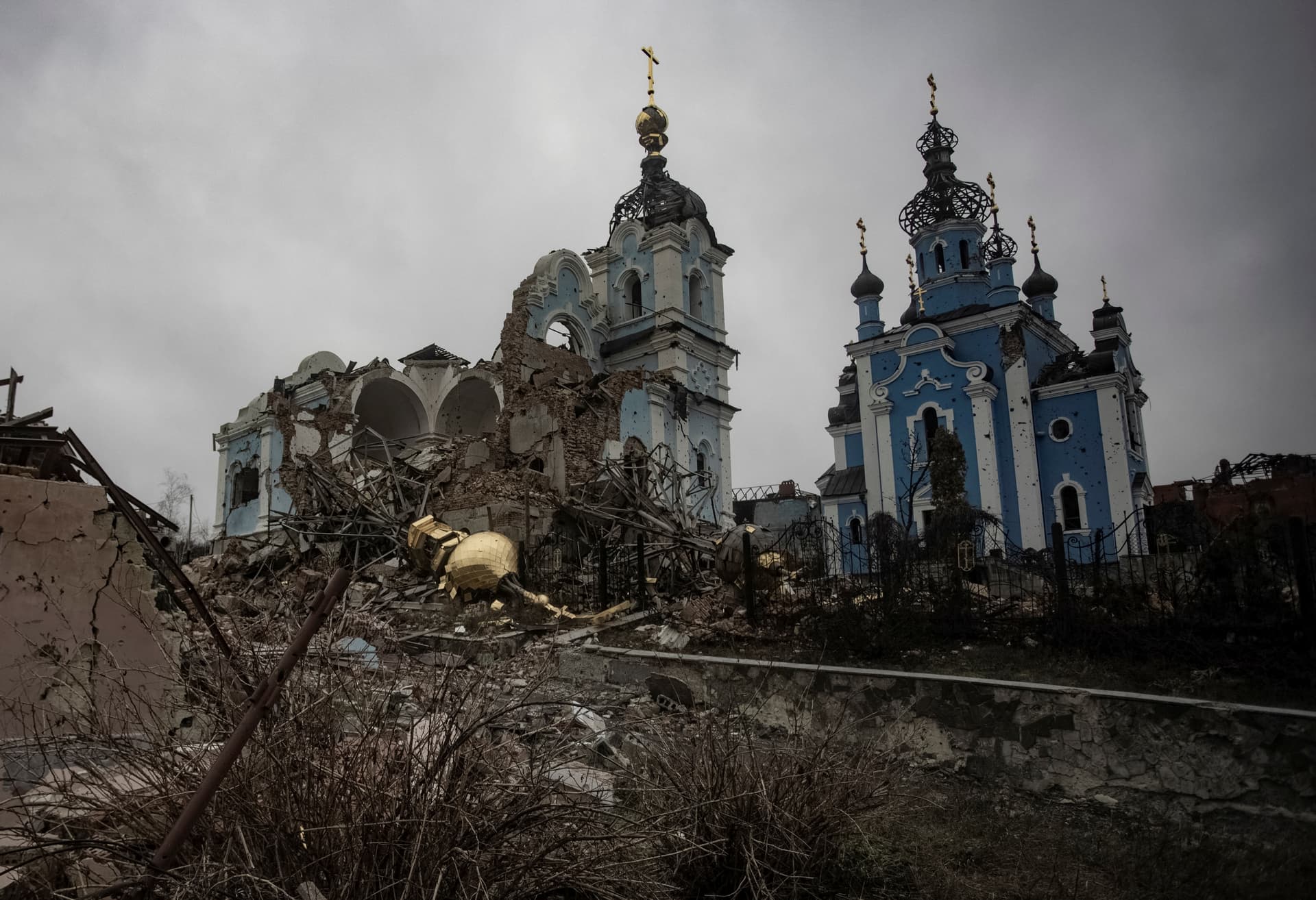 A destroyed Orthodox church is seen in the village of Bohorodychne in Donetsk region
