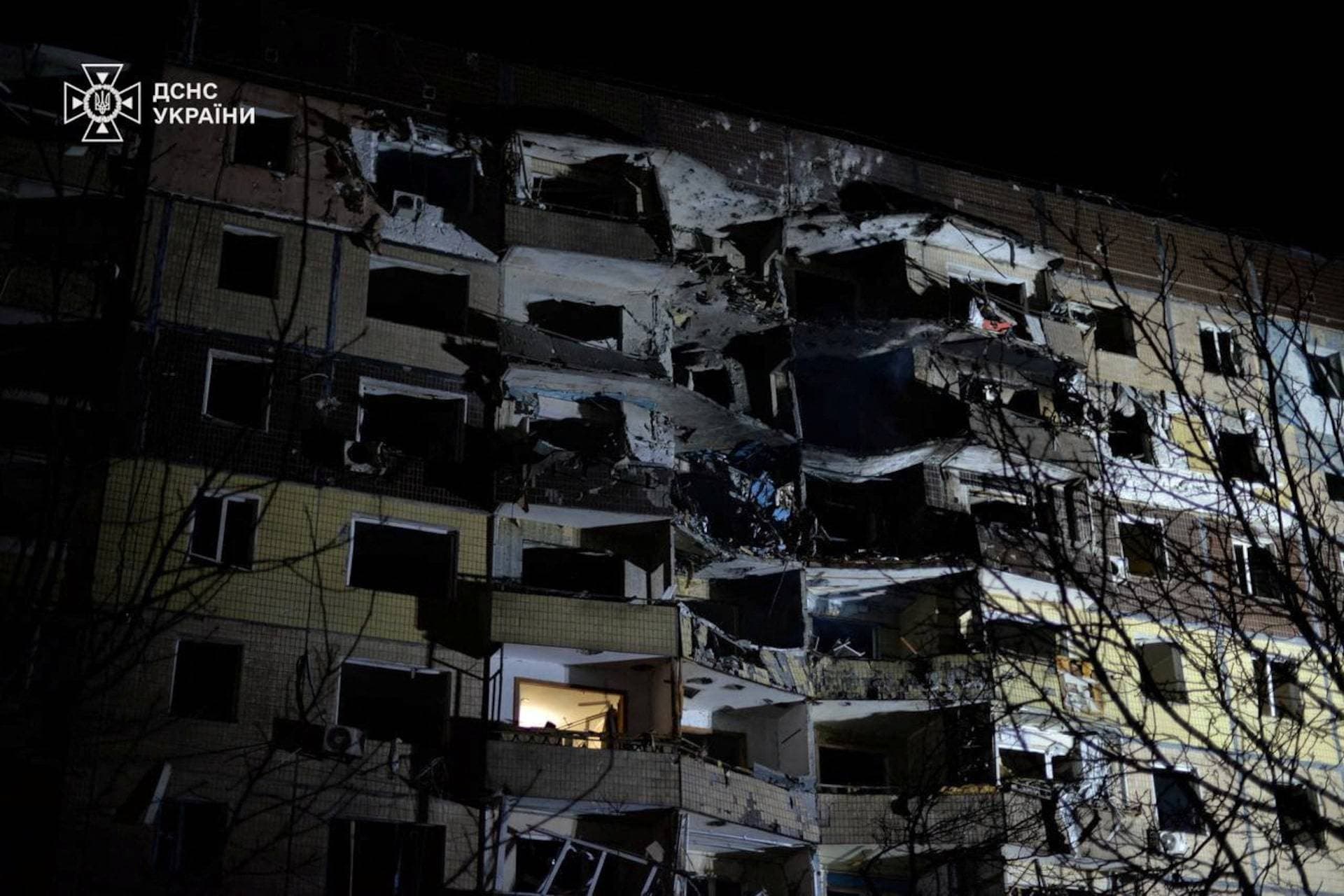 View of the damage on a building after a Russian missile slammed into two apartment buildings in Kryvyi Rih