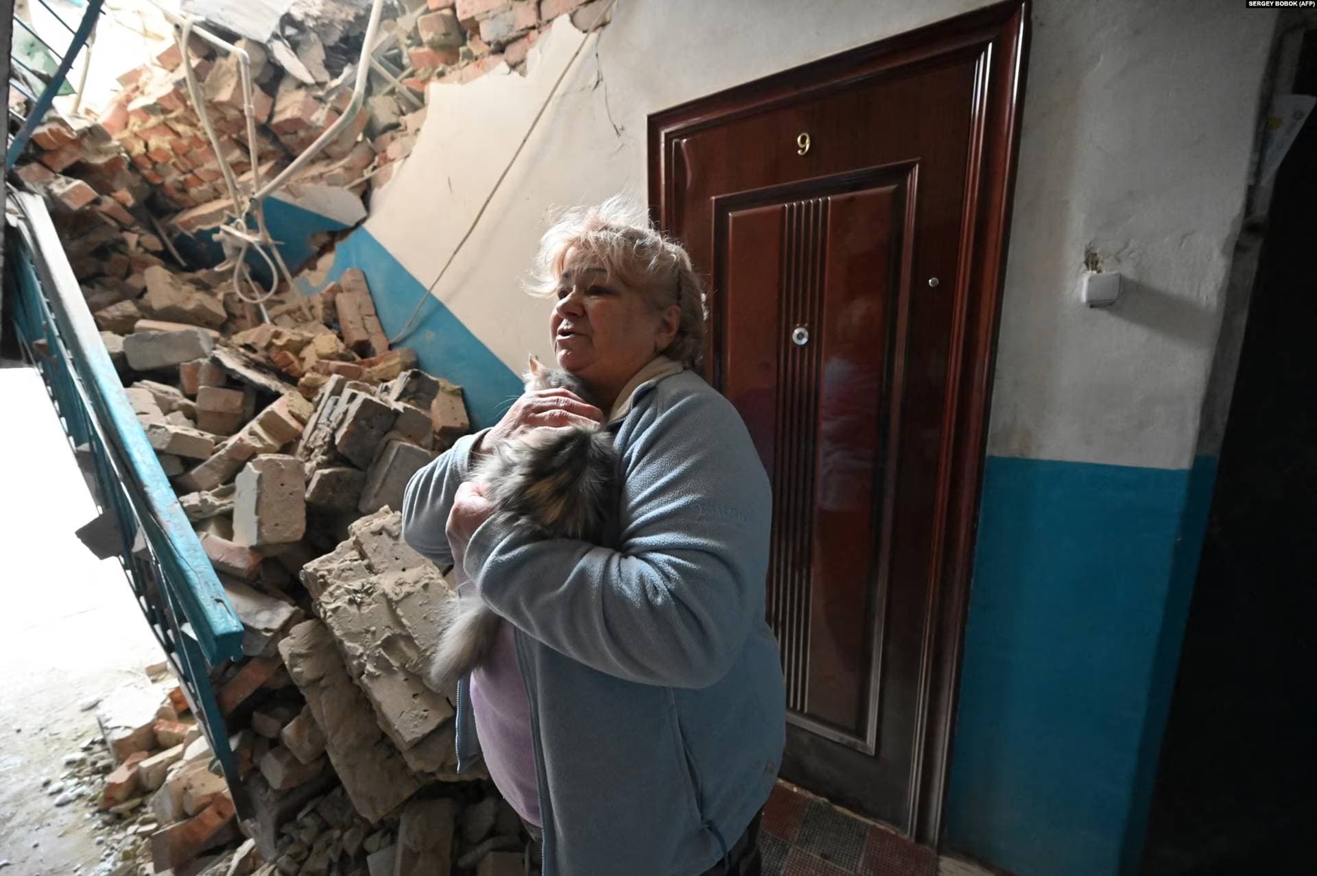 Tamara Skliarova, a 70-year-old resident, has remained in the city throughout. Her building was shelled and the stairs to the upper story are now blocked by debris