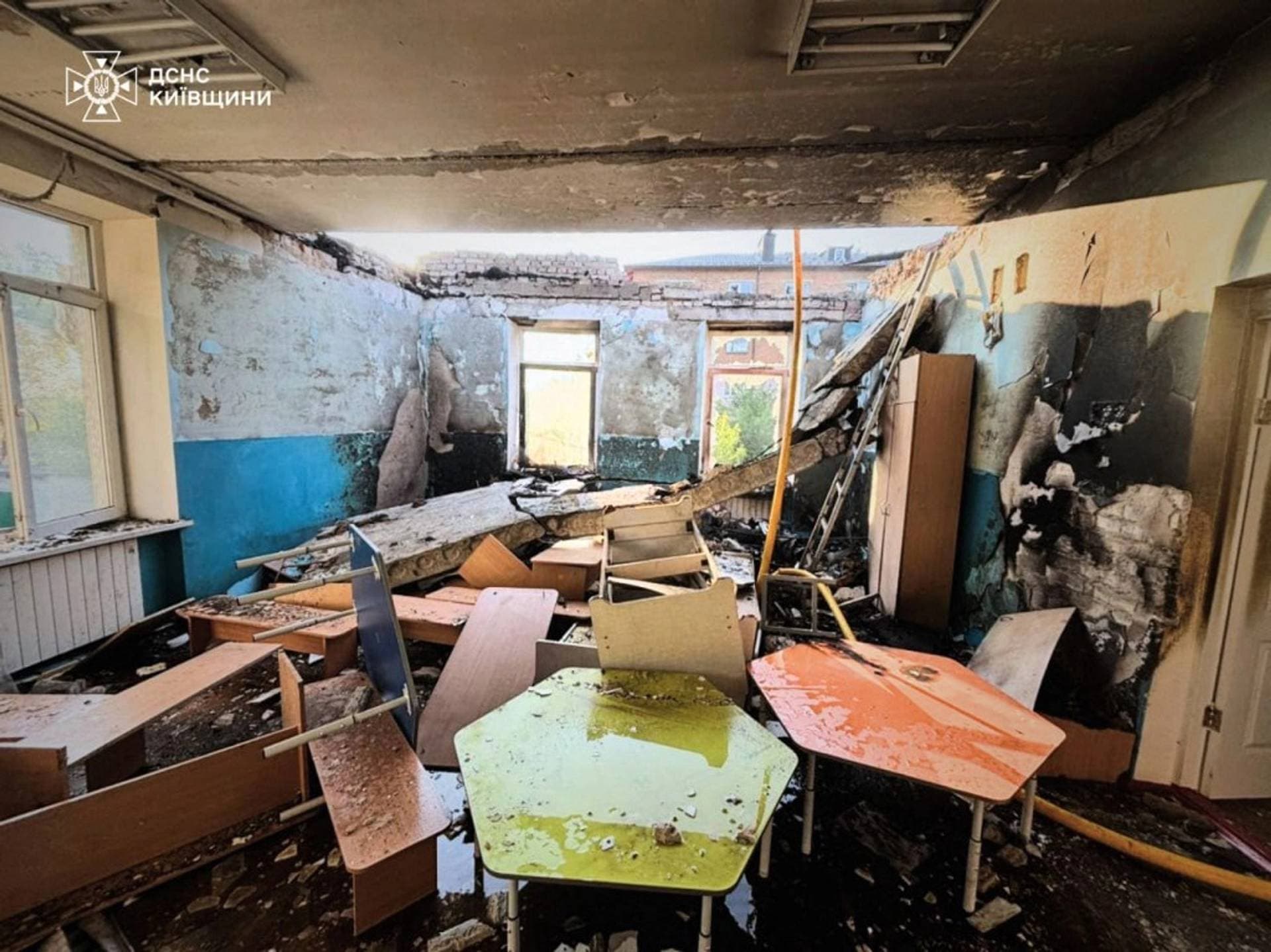 A kindergarten damaged during a Russian drone strike in Kyiv region