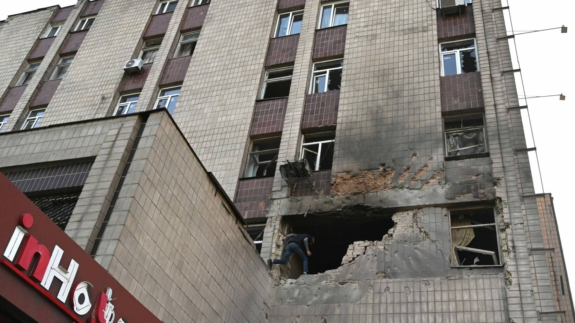 A partially destroyed residential building in Kyiv on Sunday after a massive strike by Russian drones