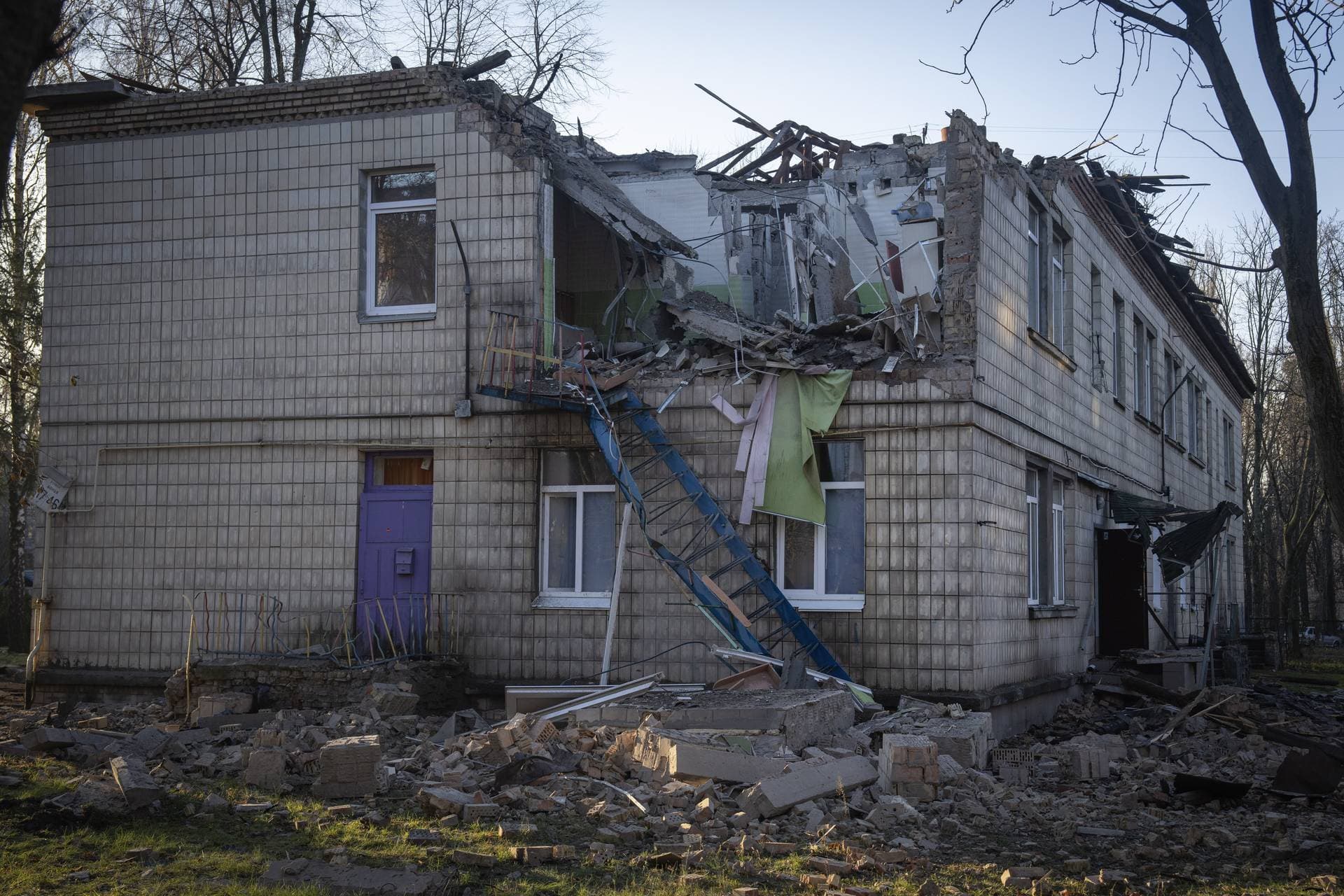 A damaged kindergarten following a Russian drone attack in Kyiv