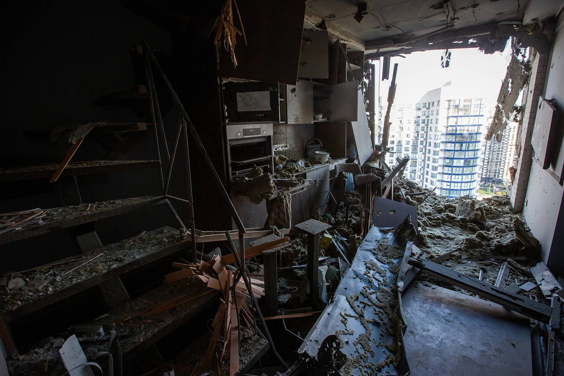 An inside view of the damaged residential building after the drone attack in Kyiv