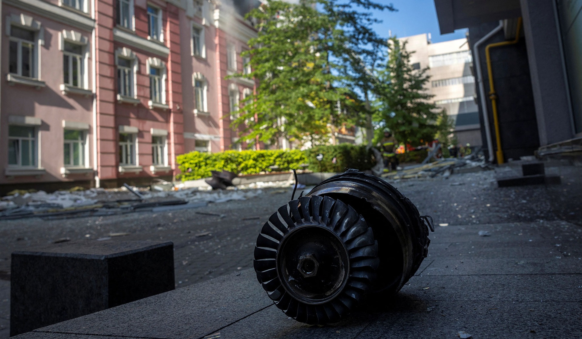 Part of a Russian jet drone lies on the pavement after it struck a business center in Kyiv, Ukraine, September 23, 2026.