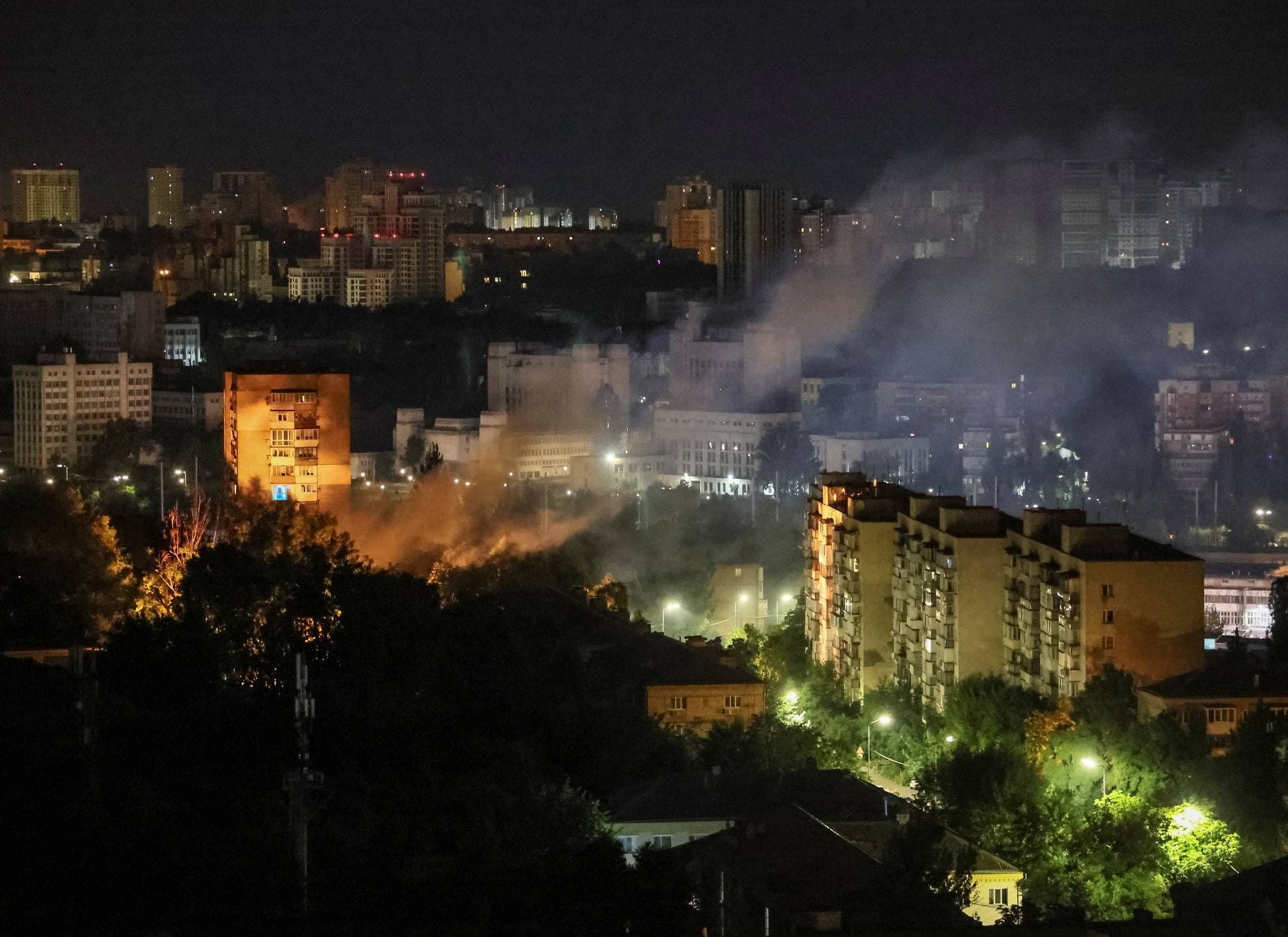 Smoke rises in the sky above Kyiv, Ukraine, follow a Russian drone attack