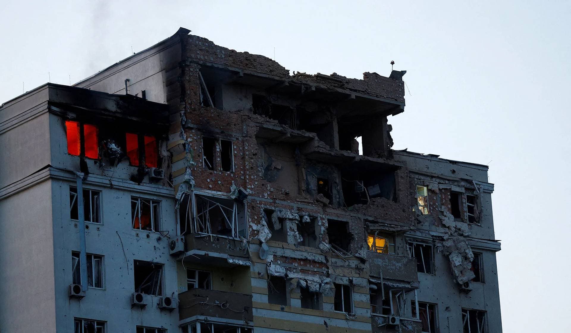 An apartment building damaged during a massive Russian drone strike in Kyiv