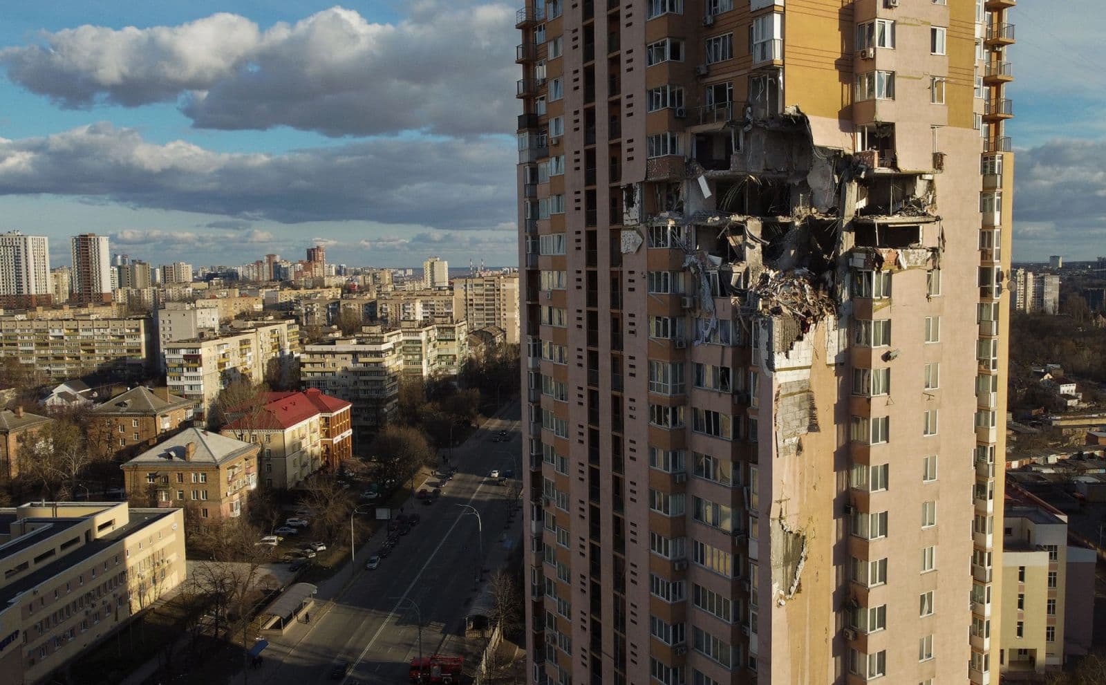 An apartment building in Kyiv is seen after it was damaged by shelling on February 26