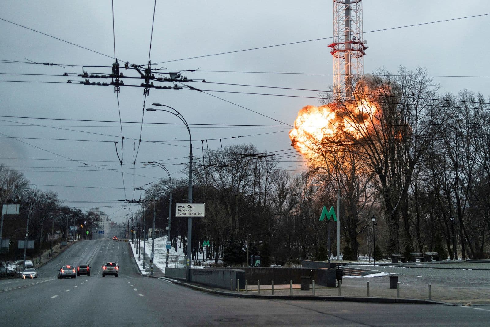 An explosion at a TV tower near a Holocaust memorial site in Kyiv