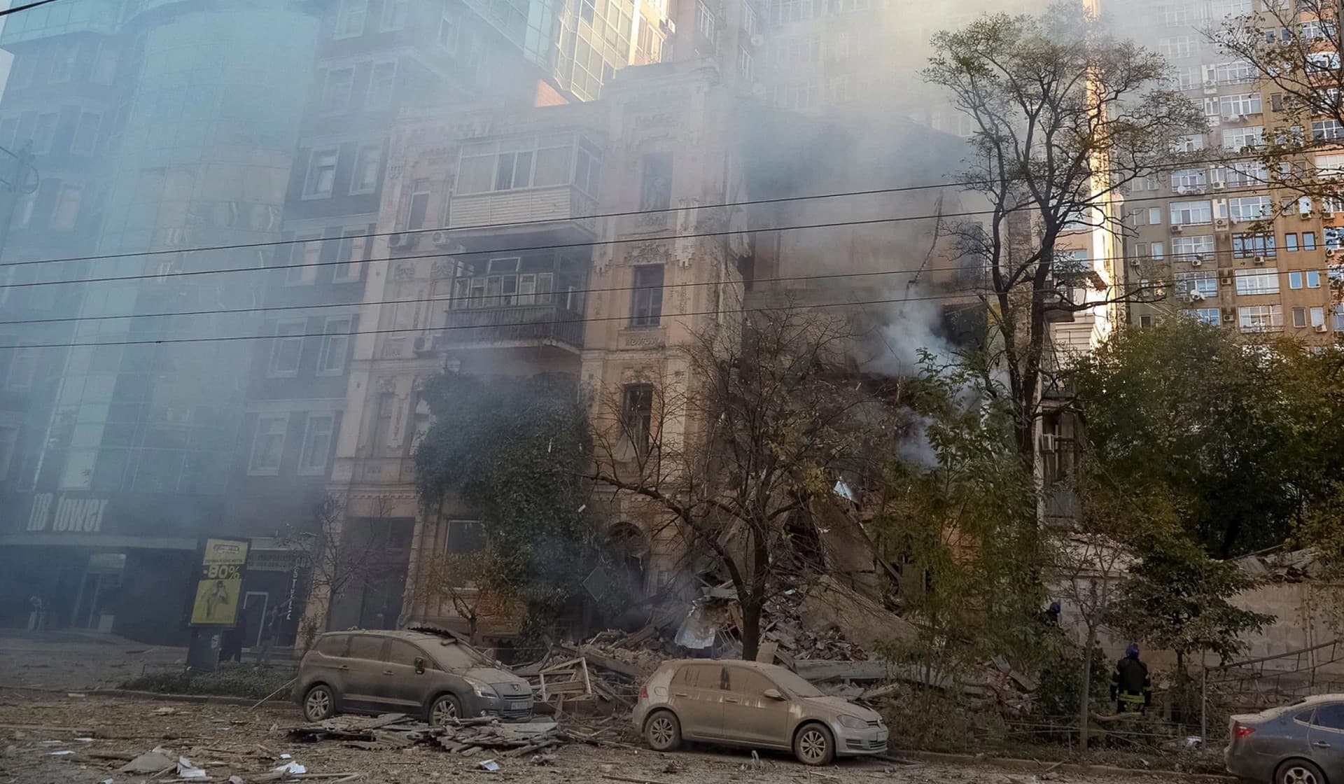 A residential building destroyed in a strike by Russian drones in Kyiv