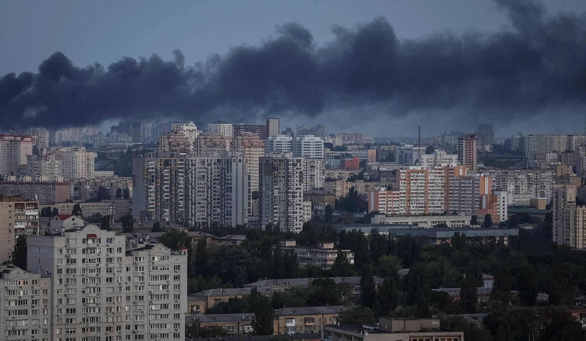Smoke rises in the city during a Russian missile strike in Kyiv