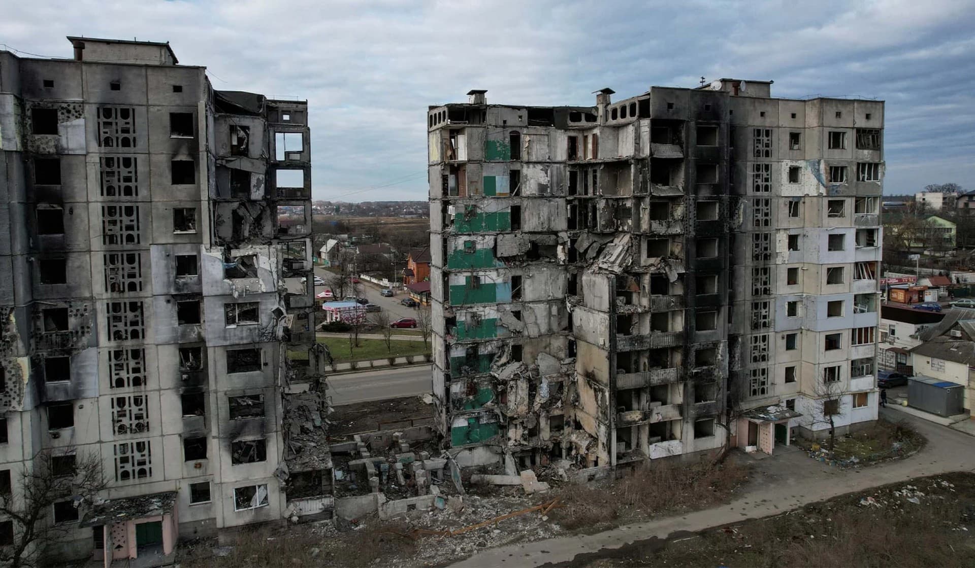 A general view of a heavily damaged building outside of Kyiv