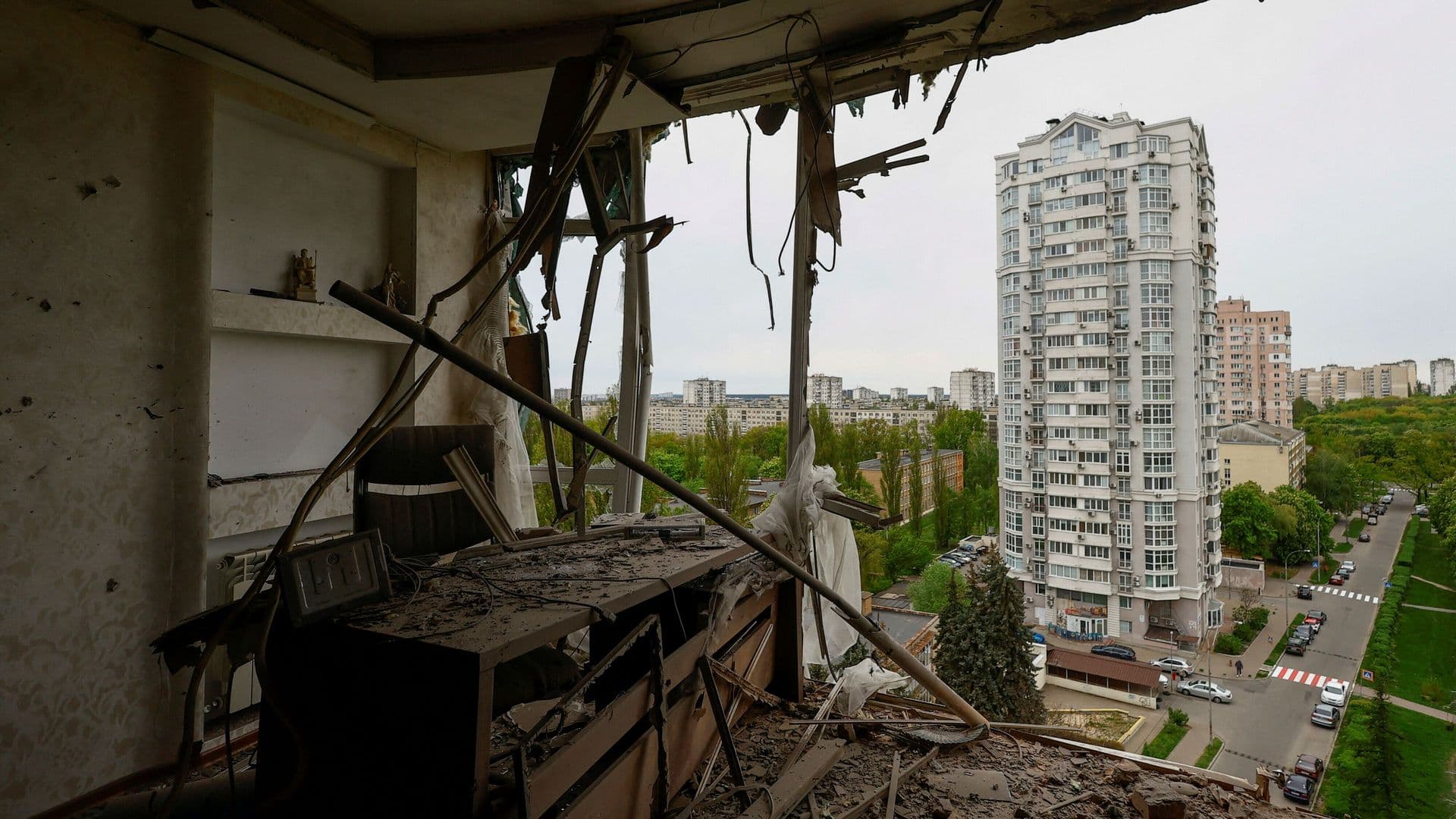 An interior view shows an apartment damaged by the remains of a suicide drone, shot down during a Russian overnight strike in Kyiv