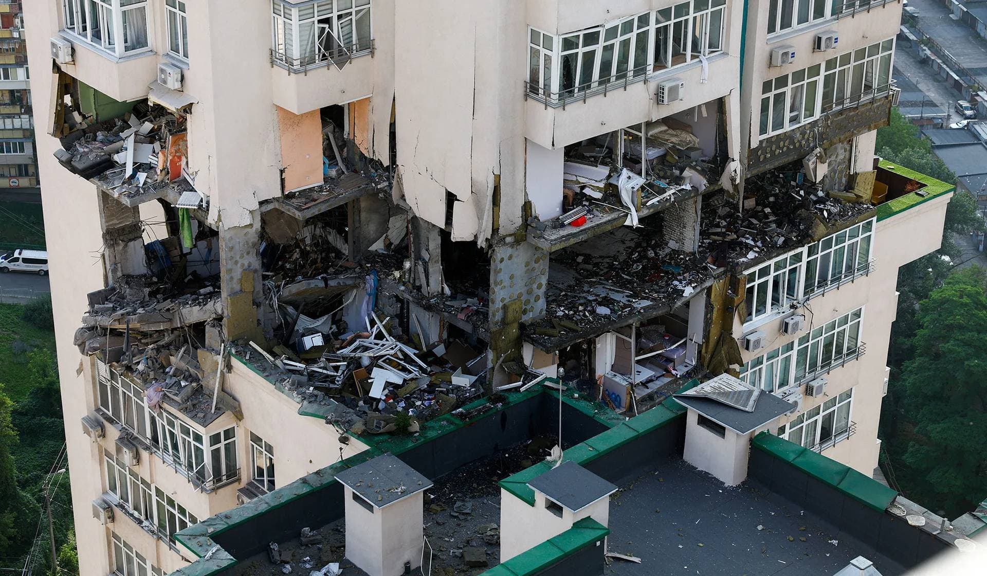 An apartment building damaged during Russian missile strikes in Kyiv