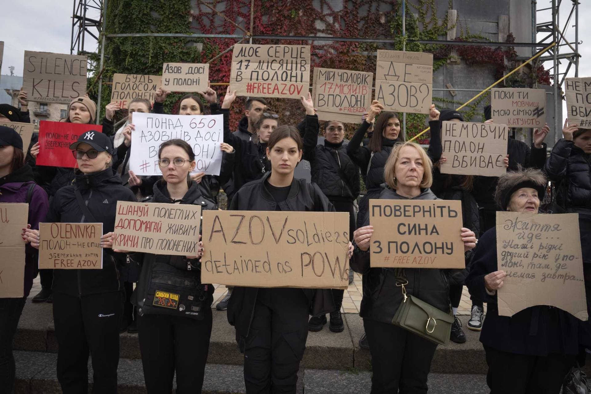 Relatives of soldiers from the Azov Regiment demand to free them at a flashmob action in Kyiv