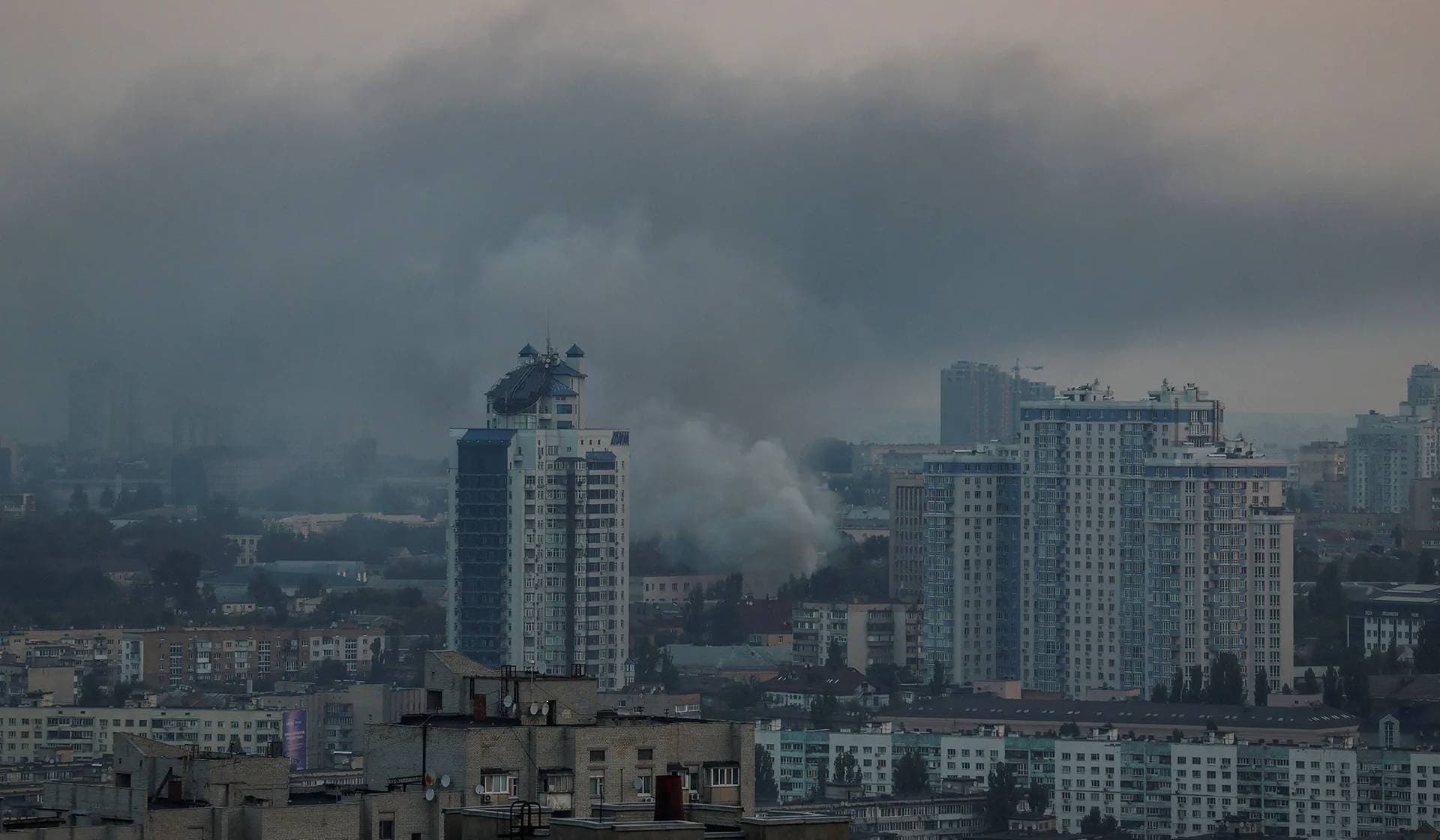 Smoke rises in the sky over the city after a Russian missile strike in Kyiv