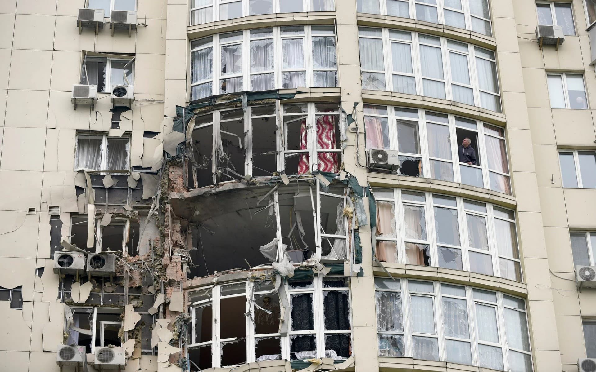 Destroyed apartments of a residential building hit by the debris of a Russian Shahed kamikaze drone in the Sviatoshynskyi district of Kyiv
