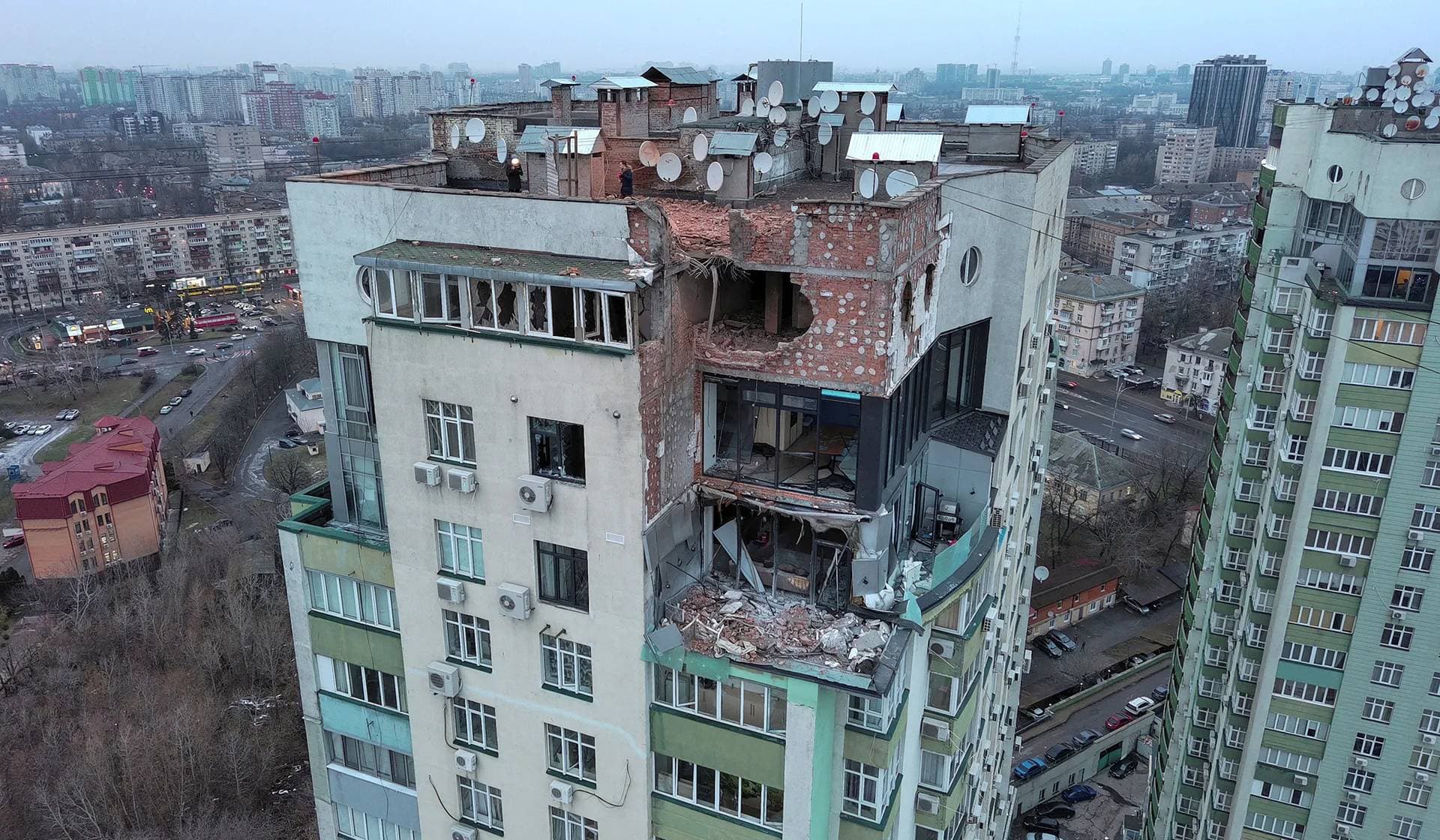 An apartment building damaged during a Russian drone strike in Kyiv