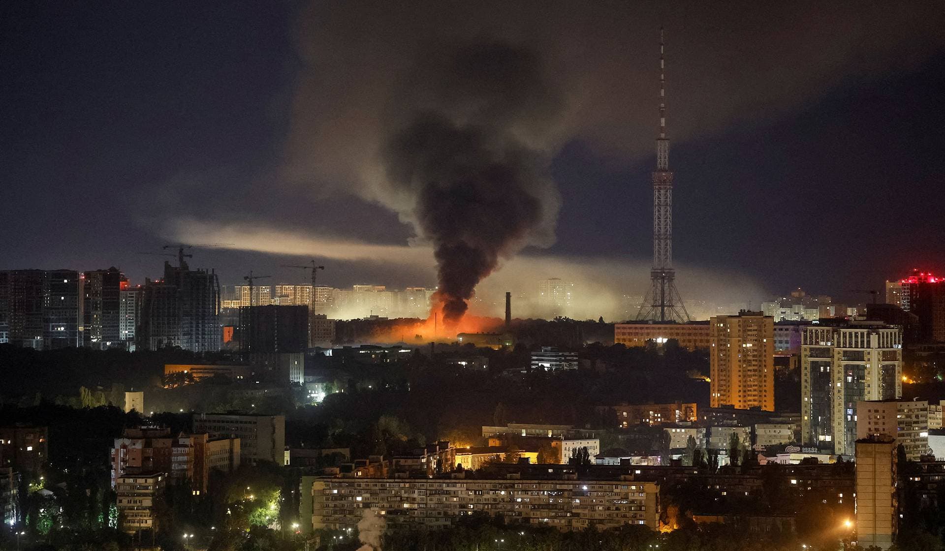 Smoke rises in the city during a Russian missile strike in Kyiv