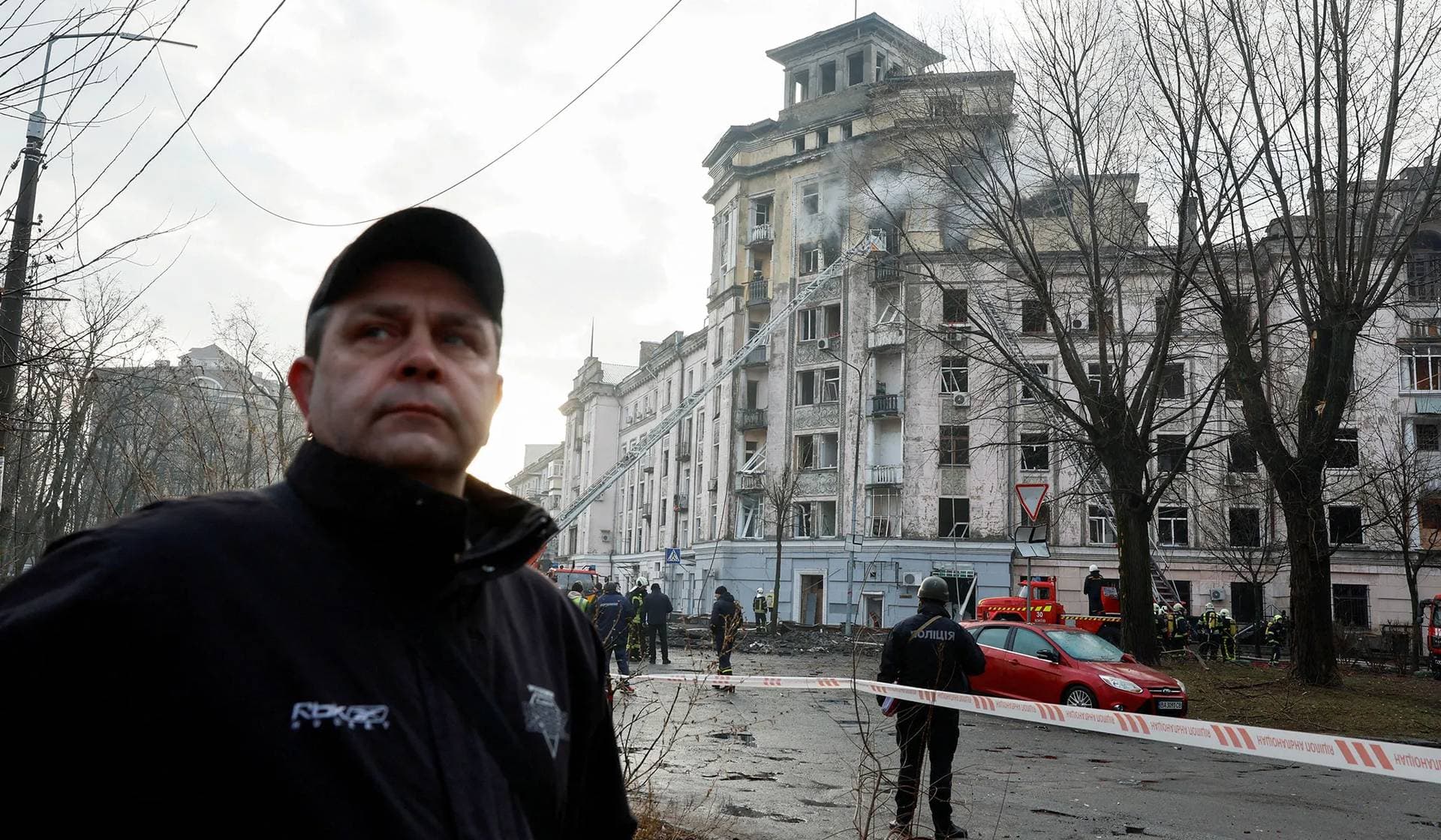 A rescuer works at a site of a building damaged during a Russian missile strike in Kyiv
