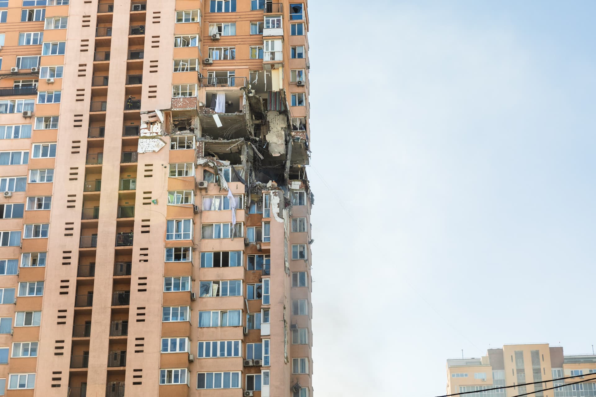 View of a civilian building damaged following a Russian rocket attack the city of Kyiv, Ukraine