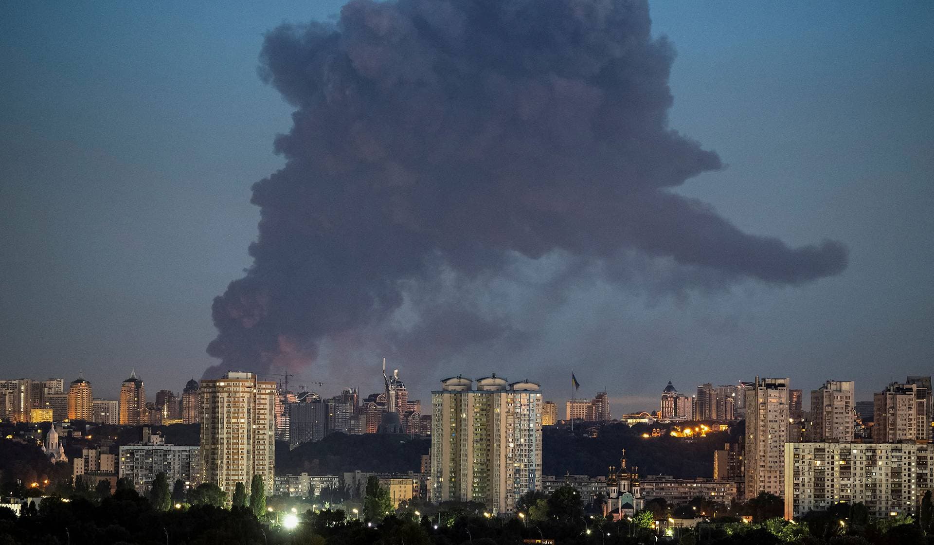 Smoke rises in the city during a Russian missile and drone strike in Kyiv