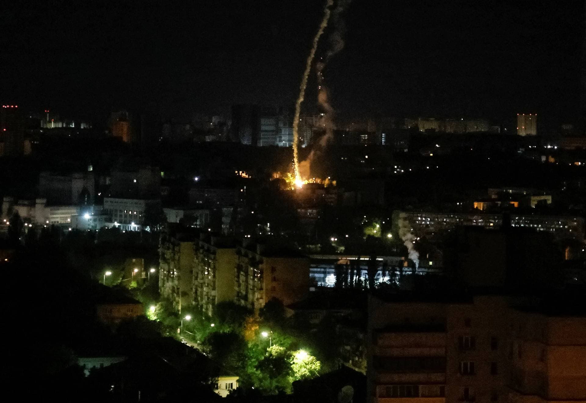 An explosion of a missile is seen in Kyiv during a Russian missile strike in Kyiv