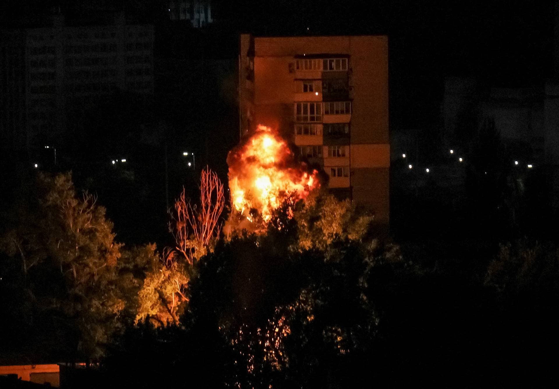A view of an explosion of a drone in the city during a Russian drone strike, amid Russia's attack on Ukraine, in Kyiv