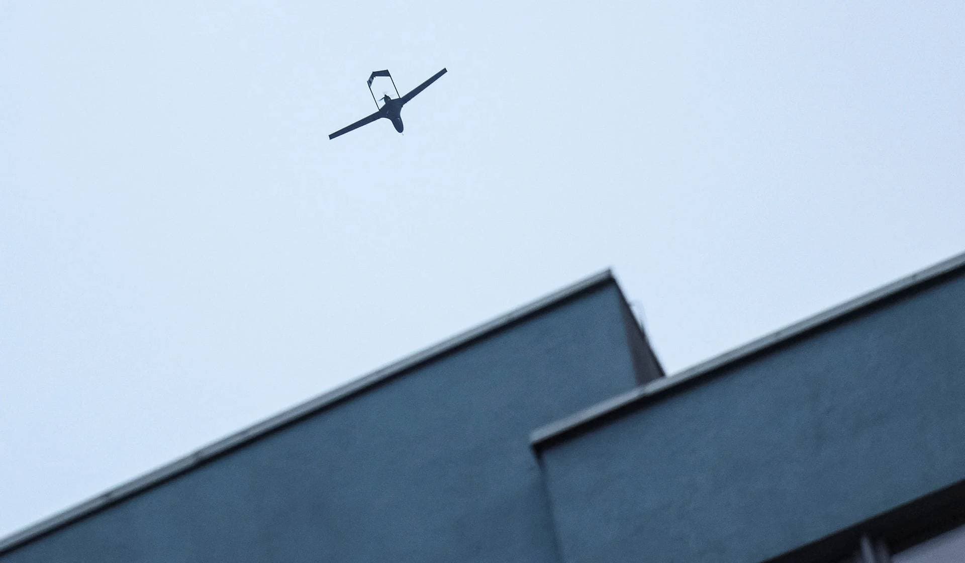 A drone in the sky over the city during a Russian drone strike in Kyiv
