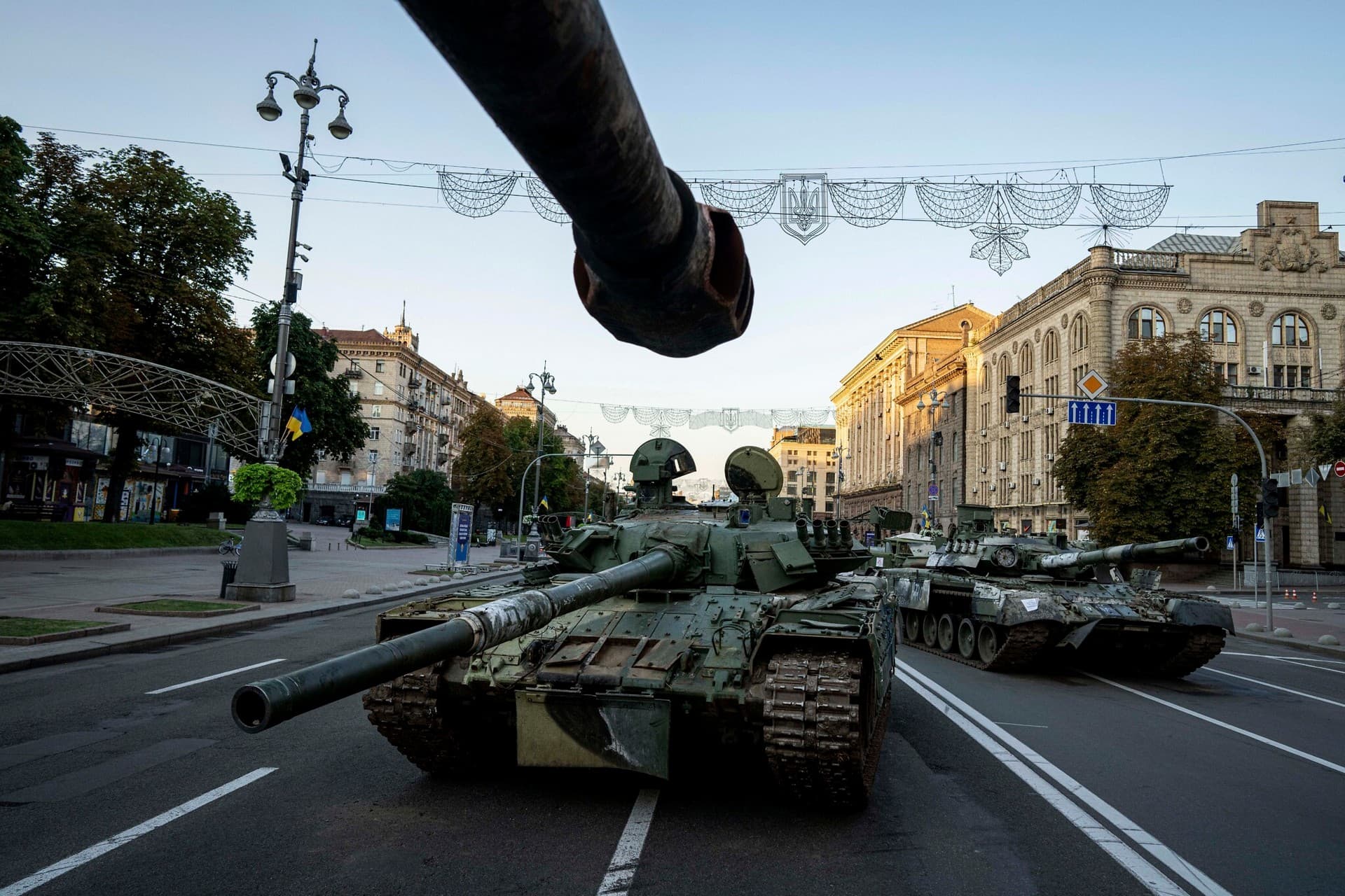 A view of destroyed Russian military vehicles installed in downtown Kyiv