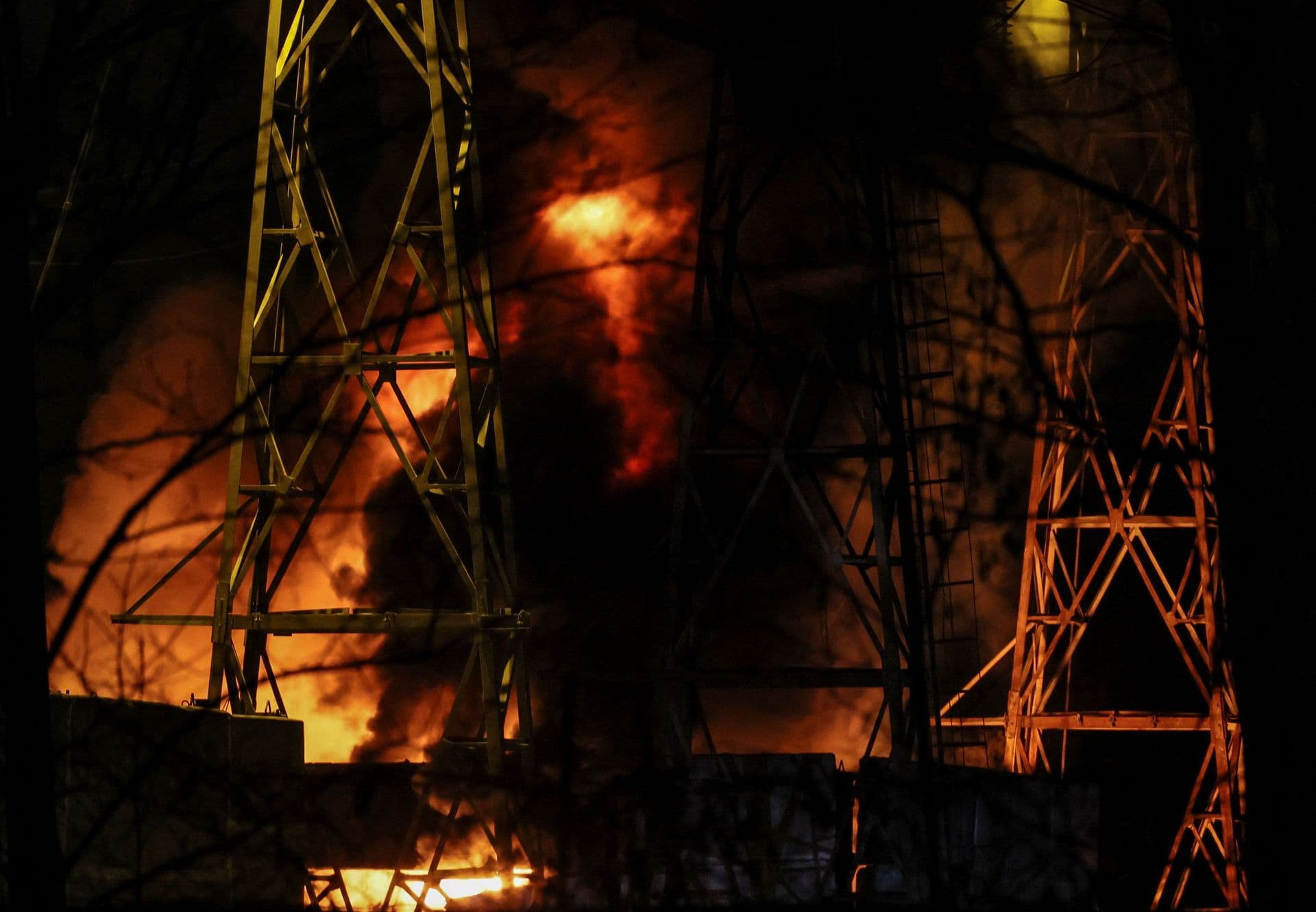 A critical power facility burns after a Russian drone attack in Kyiv