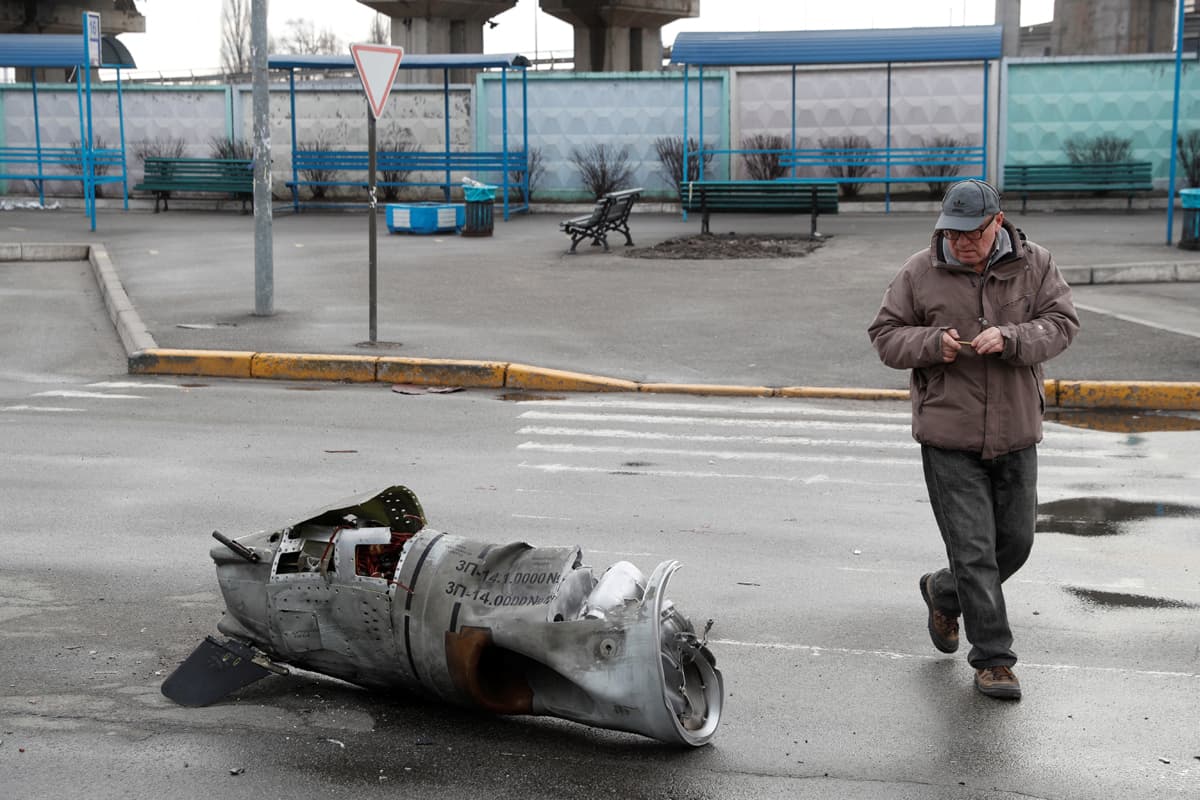 The remains of a missile at a bus terminal in Kyiv