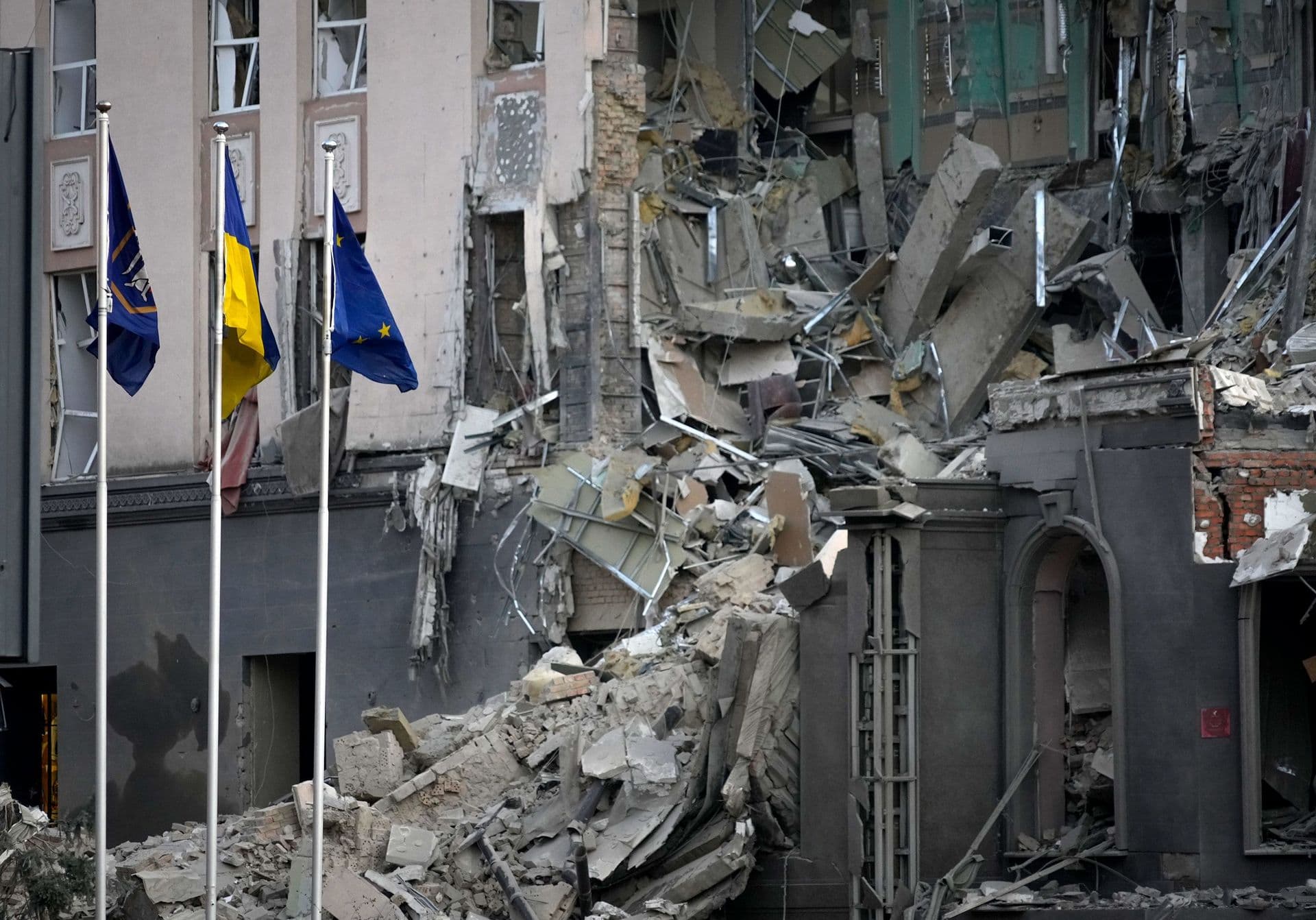 A damaged hotel at the scene of Russian shelling in Kyiv