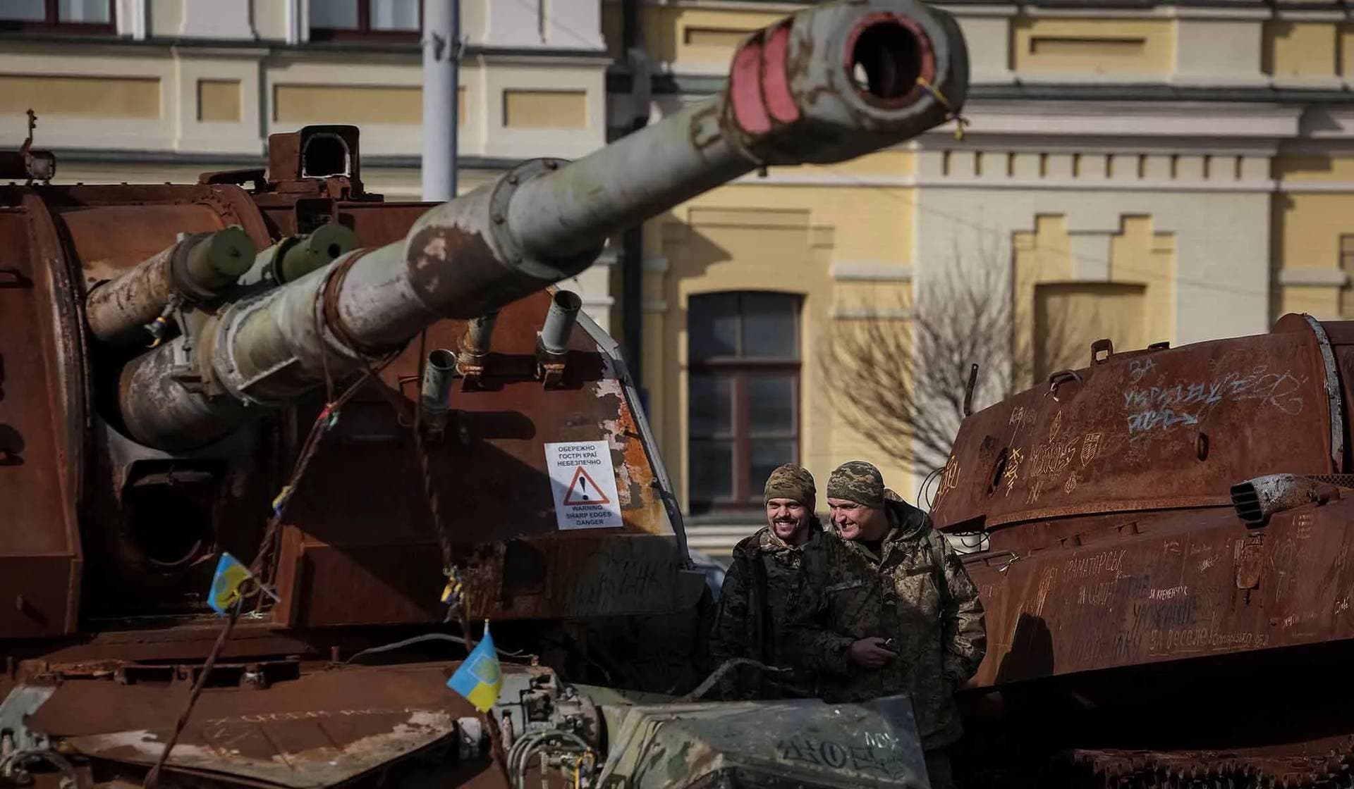Ukrainian servicemen visit an exhibition displaying destroyed Russian military vehicles in Kyiv