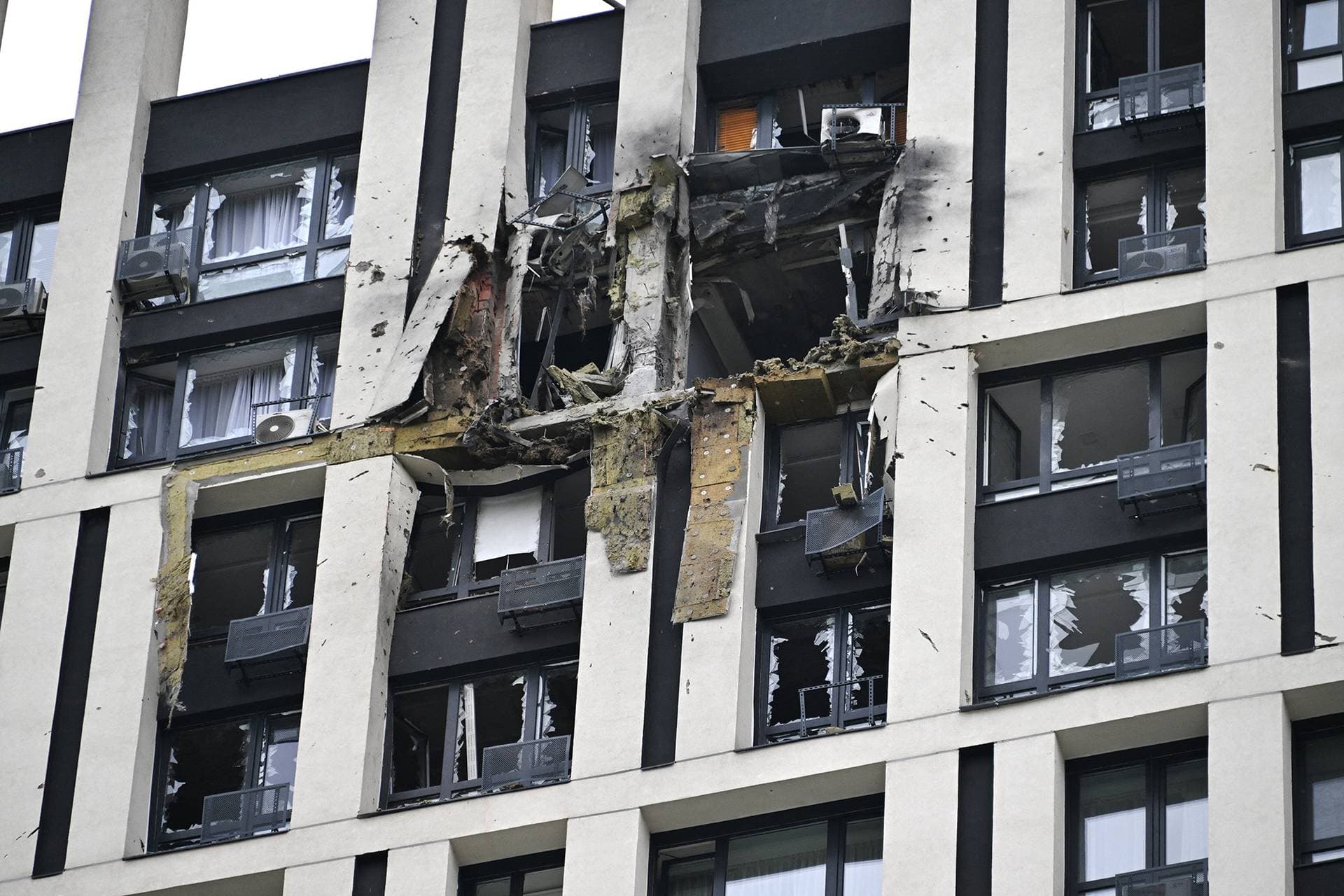 A high-rise residential building damaged during a drone attack in Kyiv