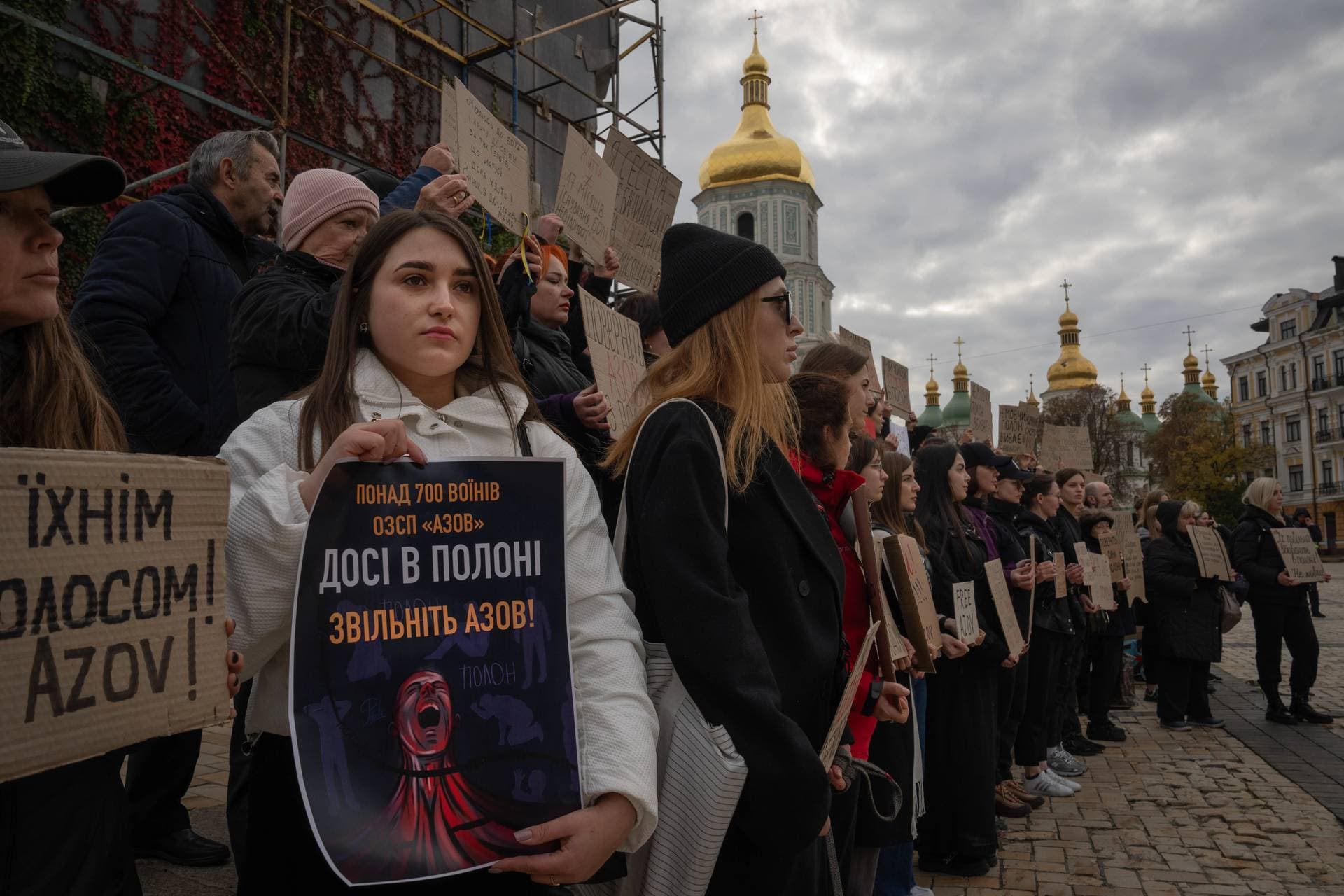 Relatives of soldiers from the Azov Regiment demand to free them at a flashmob action in Kyiv