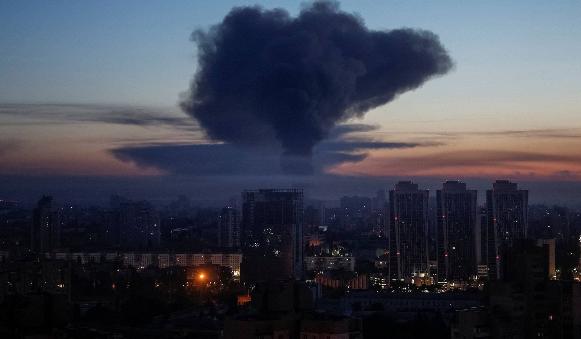 Smoke rises in the city during a Russian missile and drone strike in Kyiv
