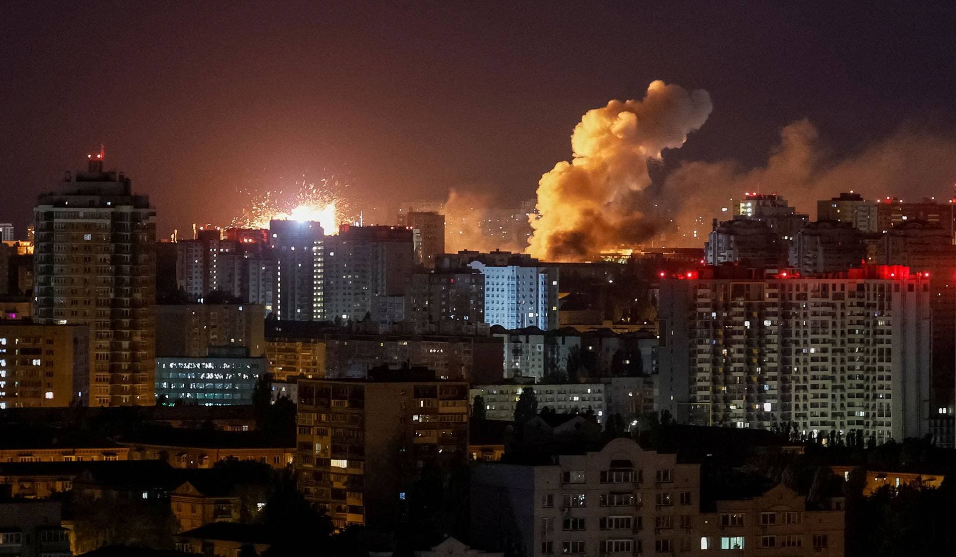 An explosion in the city during a Russian missile and drone strike in Kyiv