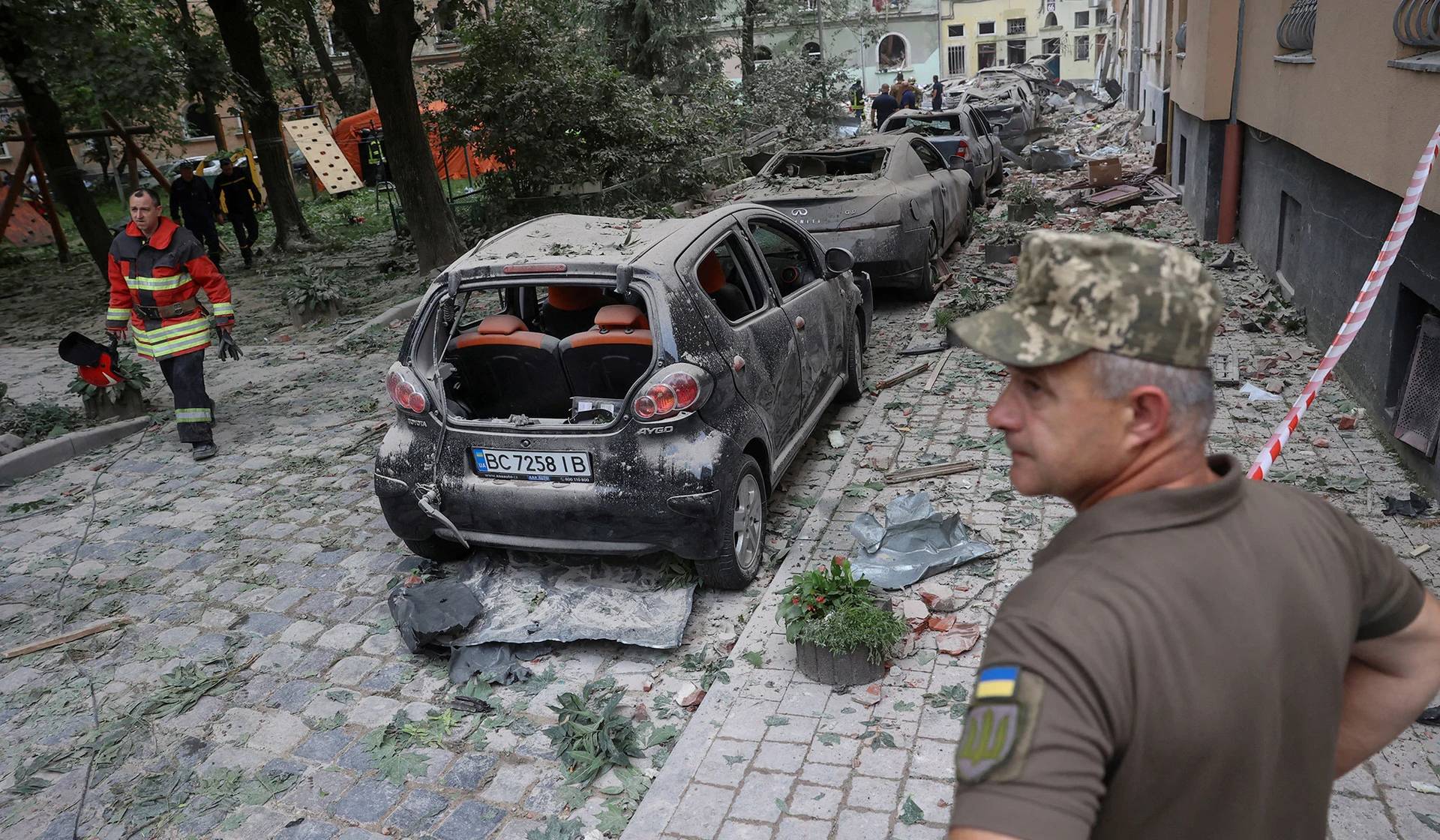 Site of a residential building hit by a Russian missile strike in Lviv